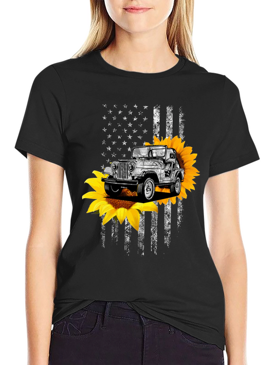 American Flag Jeep Sunflower Graphic Tee