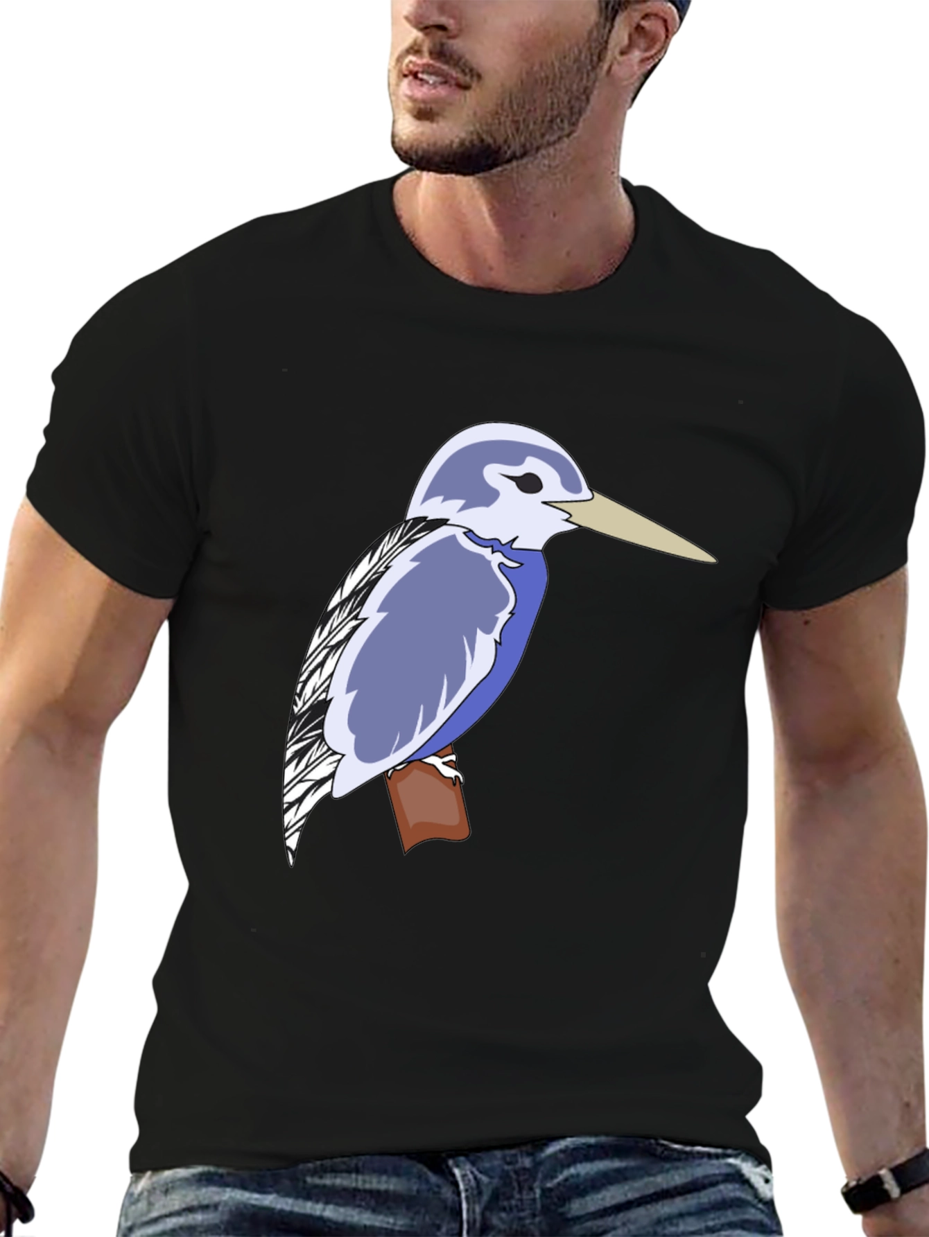 Kingfisher Bird Graphic Tee - Black Cotton T-Shirt