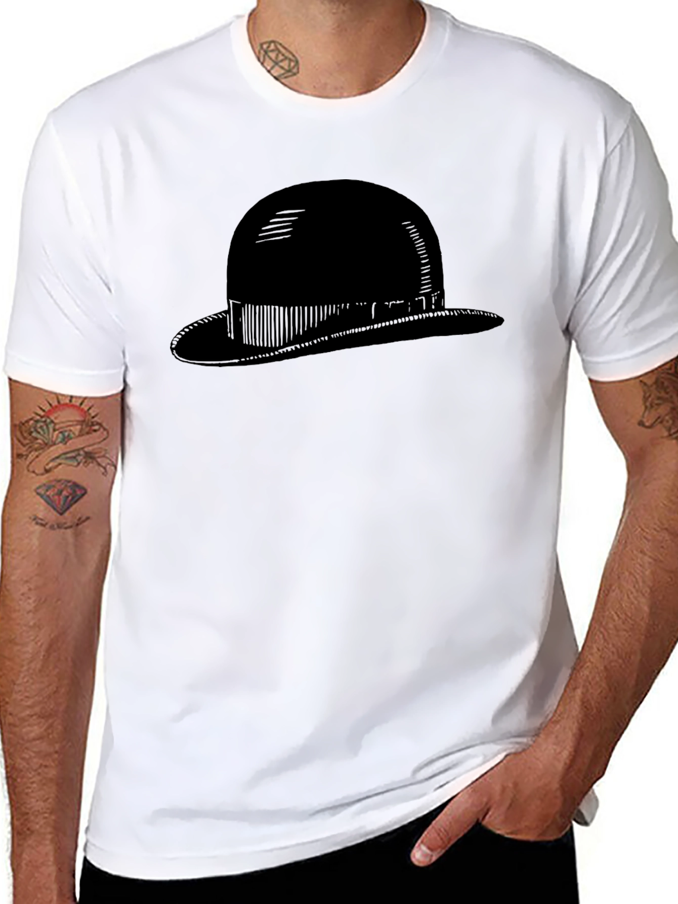 Mens Black Bowler Hat Graphic Tee - Classic Style