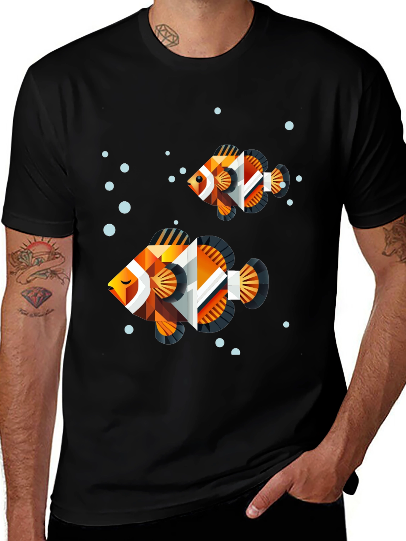 Geometric Fish Graphic Tee - Black Cotton Blend