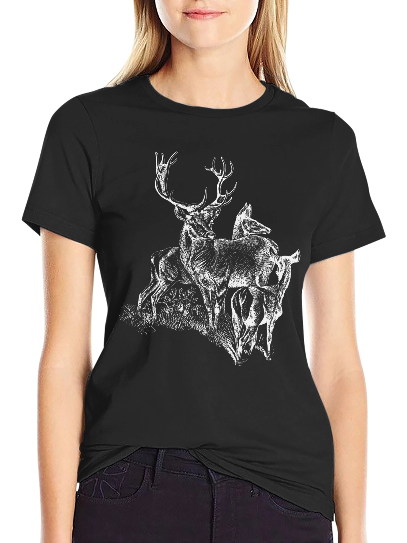 Deer Graphic Tee - Black Cotton Blend Casual Top