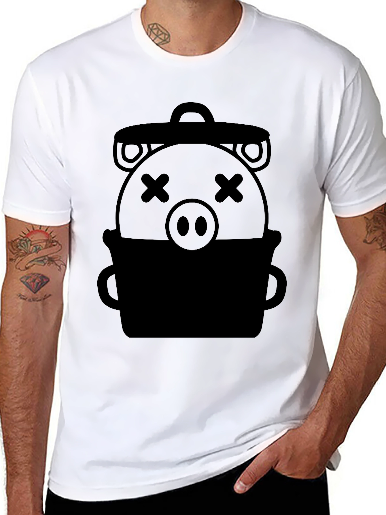 Trash Can Pig Graphic Tee - Novelty Black T-Shirt