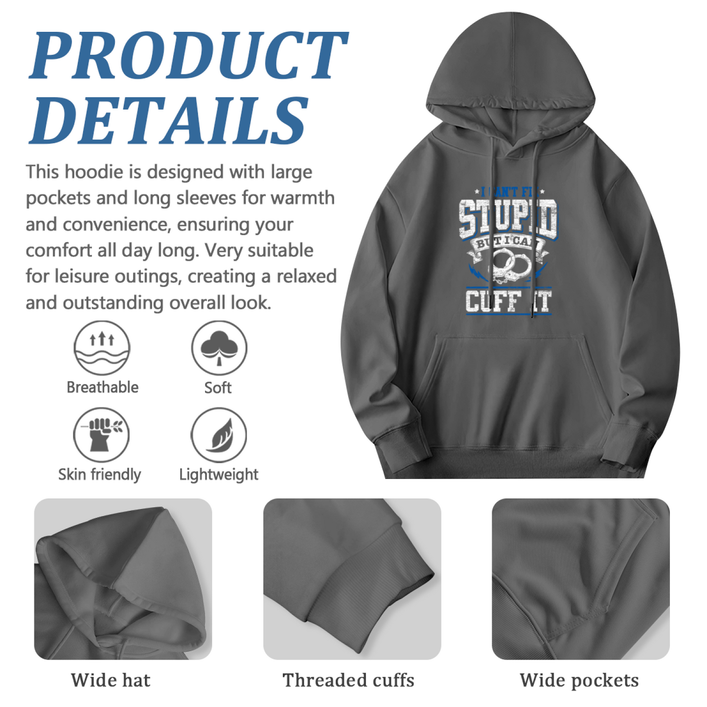 Police Handcuff Cuff It Graphic Gray Hoodie, Men Relax Comfort Hooded Top