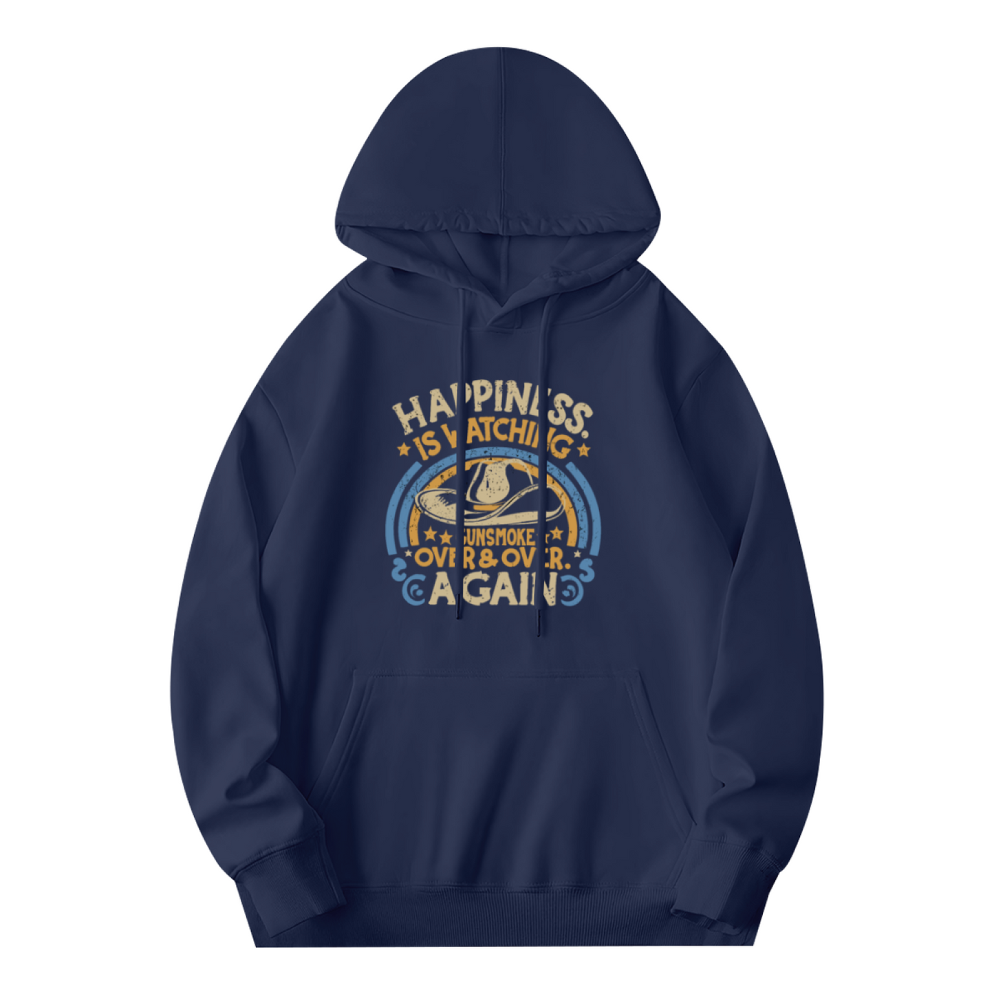 Vintage Cowboy Happiness Slogan Navy Hoodie, Men Casual Cozy Daily Pullover