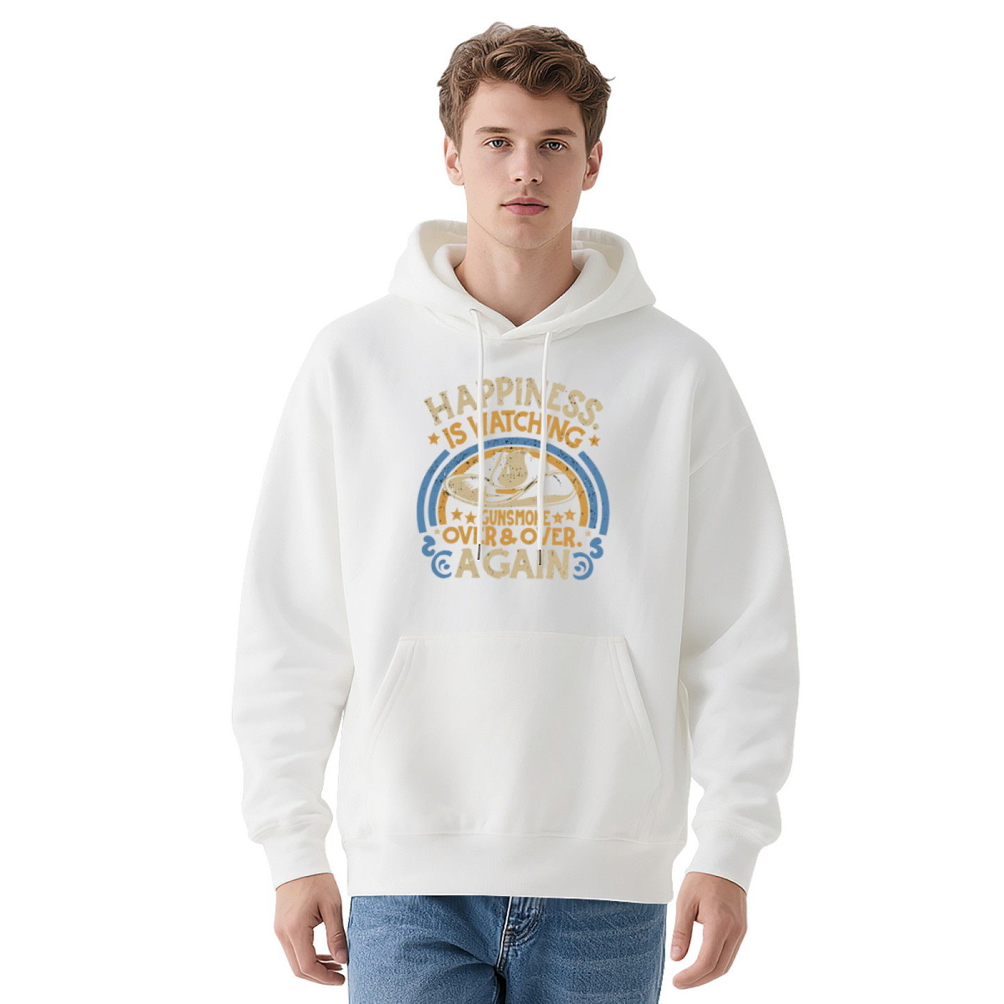 Vintage Cowboy Happiness Slogan Navy Hoodie, Men Casual Cozy Daily Pullover