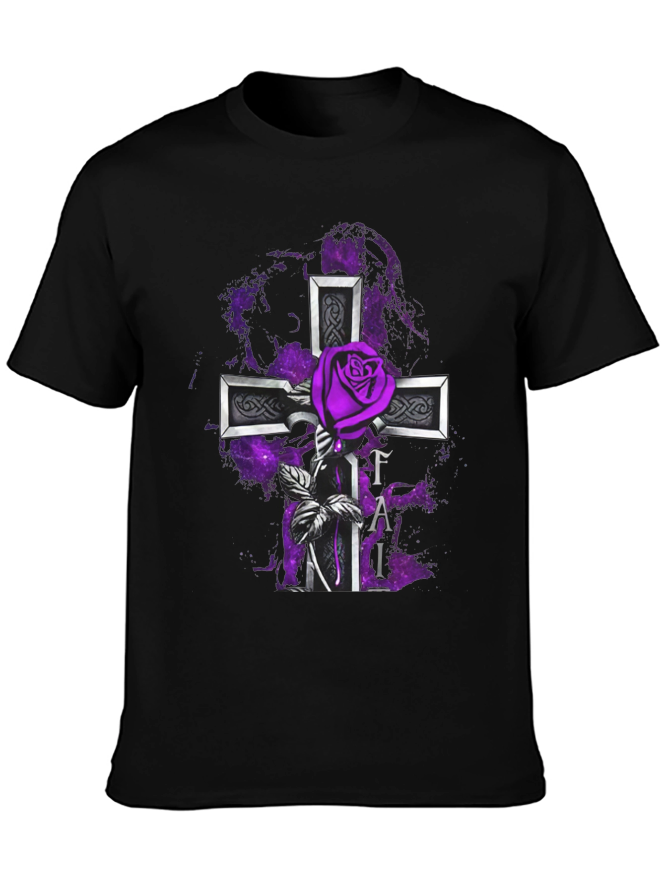Gothic Rose Cross T-Shirt - Purple Floral Design