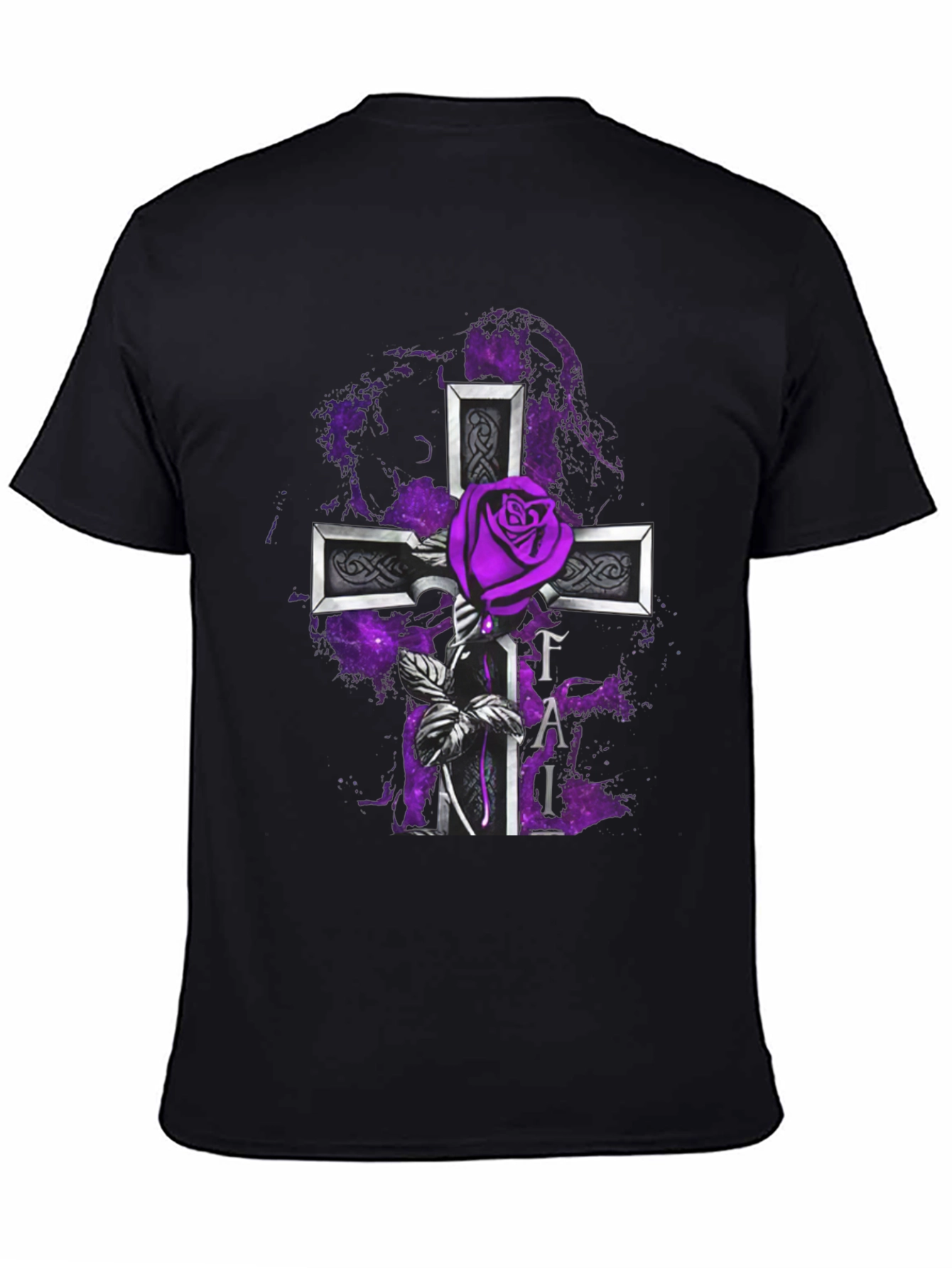 Gothic Rose Cross T-Shirt - Purple Floral Design