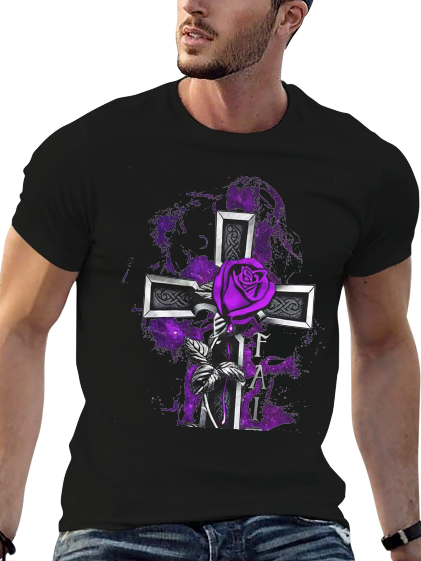 Gothic Rose Cross T-Shirt - Purple Floral Design
