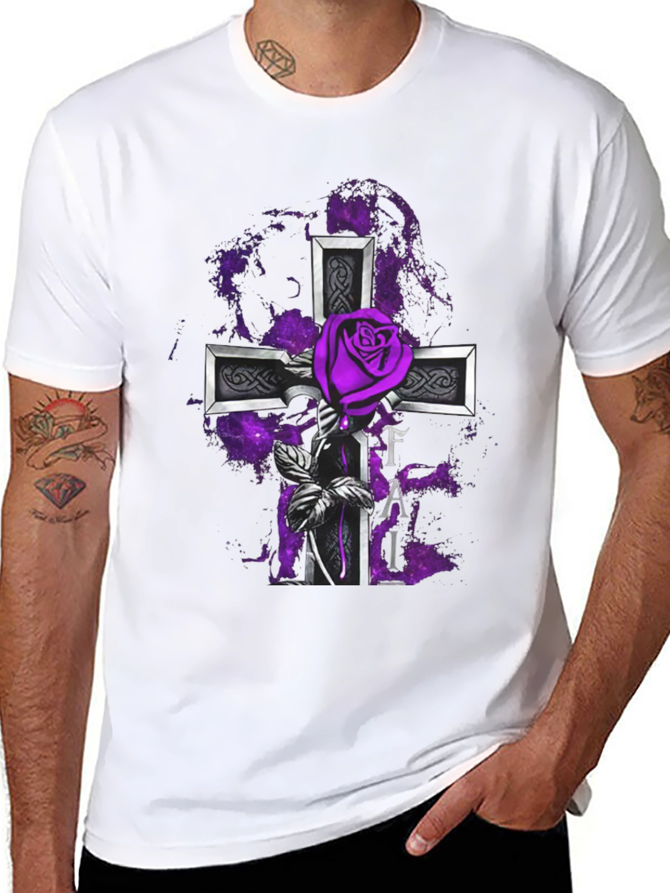 Gothic Rose Cross T-Shirt - Purple Floral Design