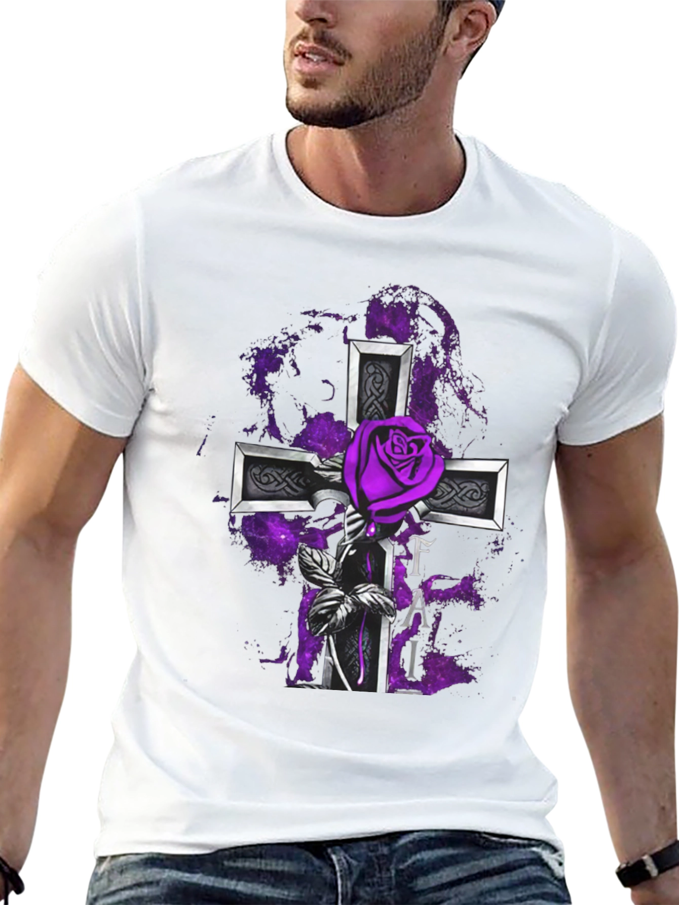 Gothic Rose Cross T-Shirt - Purple Floral Design
