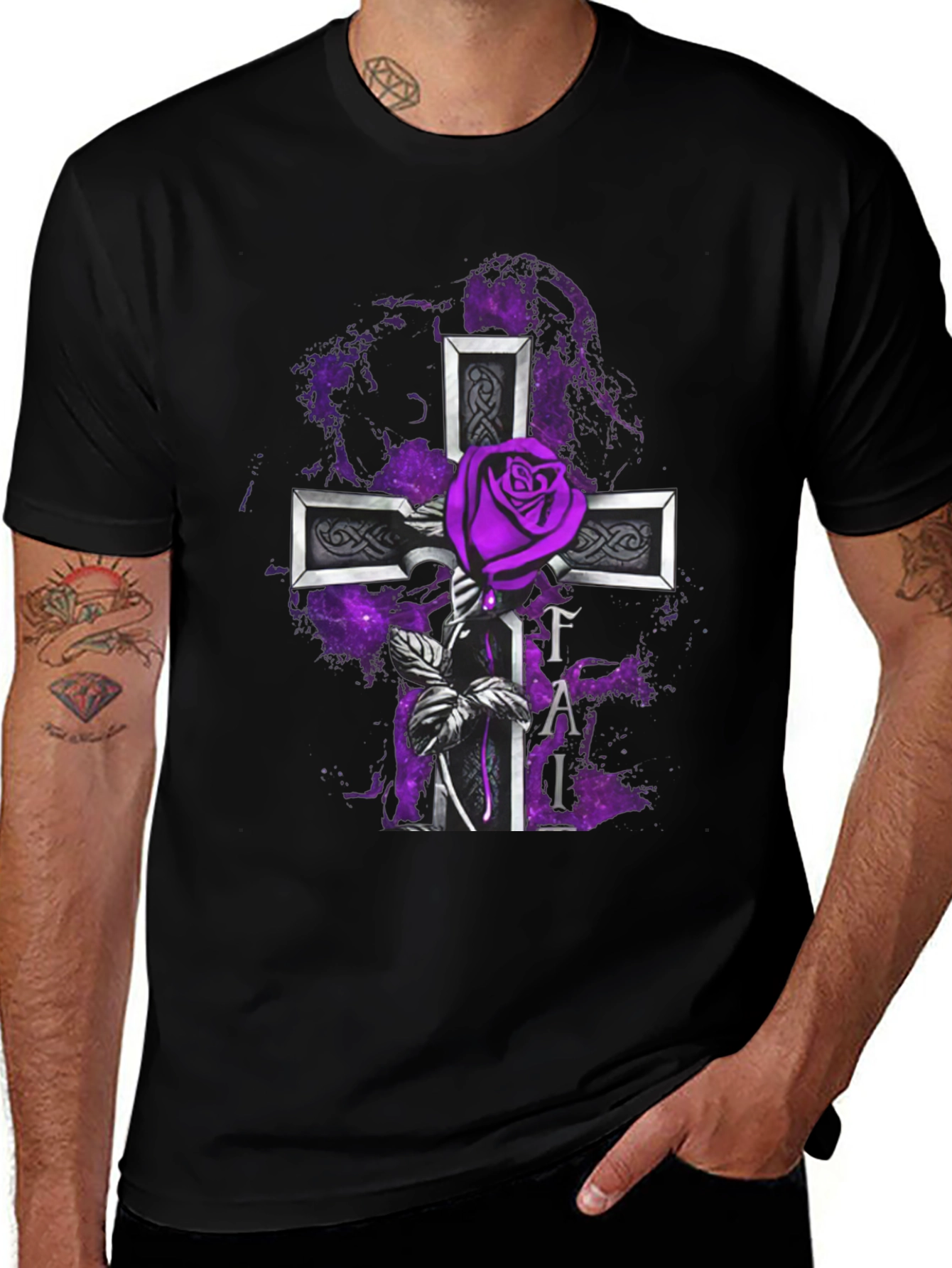 Gothic Rose Cross T-Shirt - Purple Floral Design