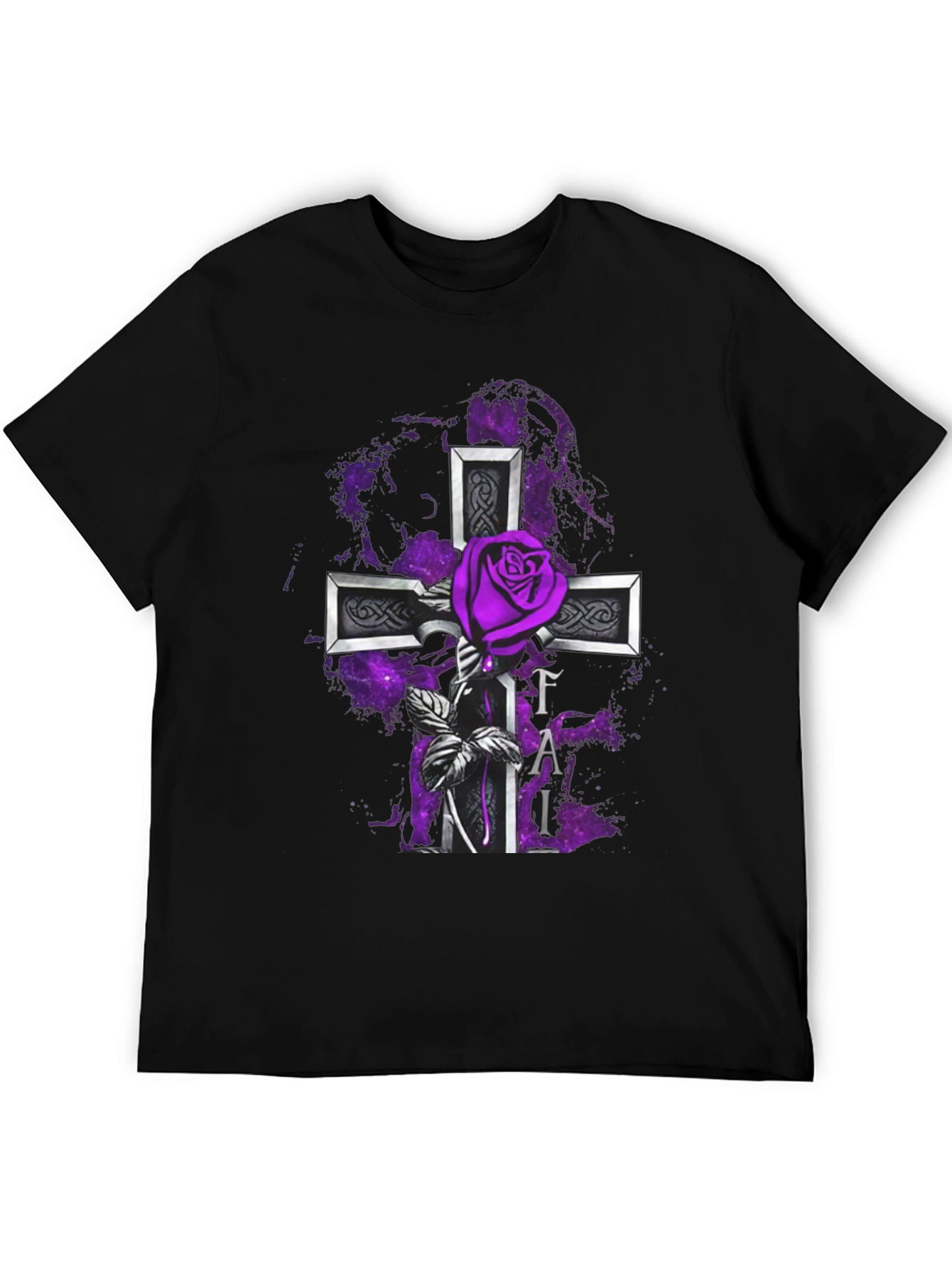Gothic Rose Cross T-Shirt - Purple Floral Design