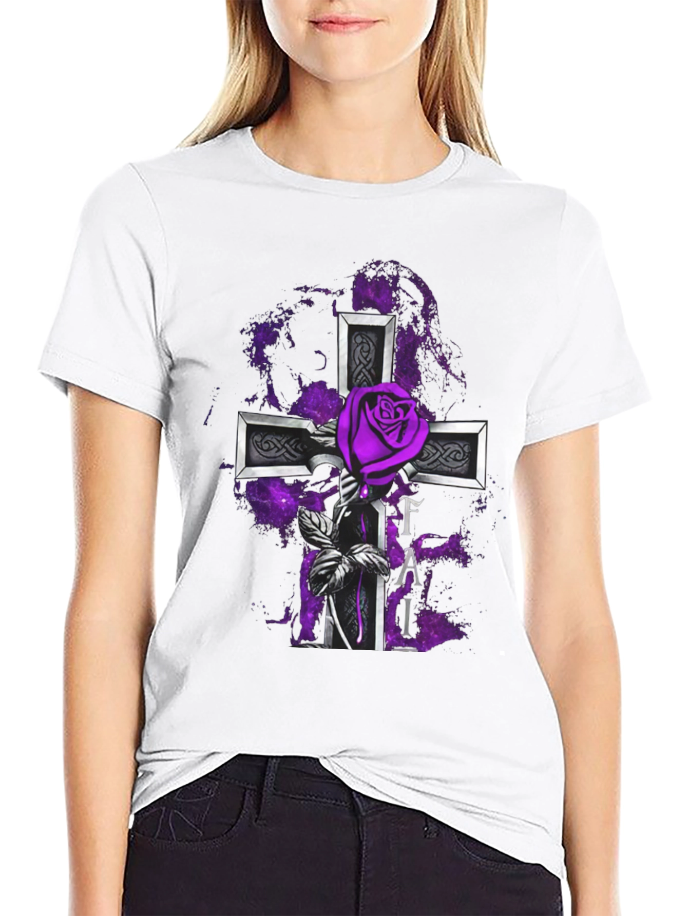 Gothic Rose Cross T-Shirt - Purple Floral Design