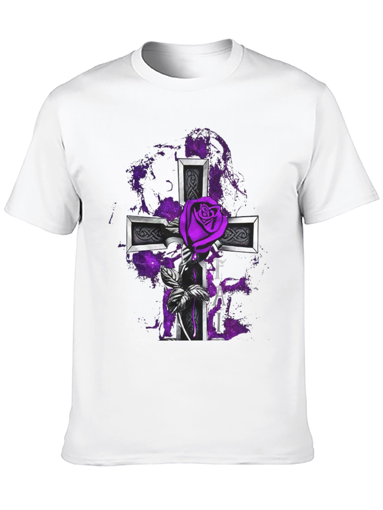 Gothic Rose Cross T-Shirt - Purple Floral Design