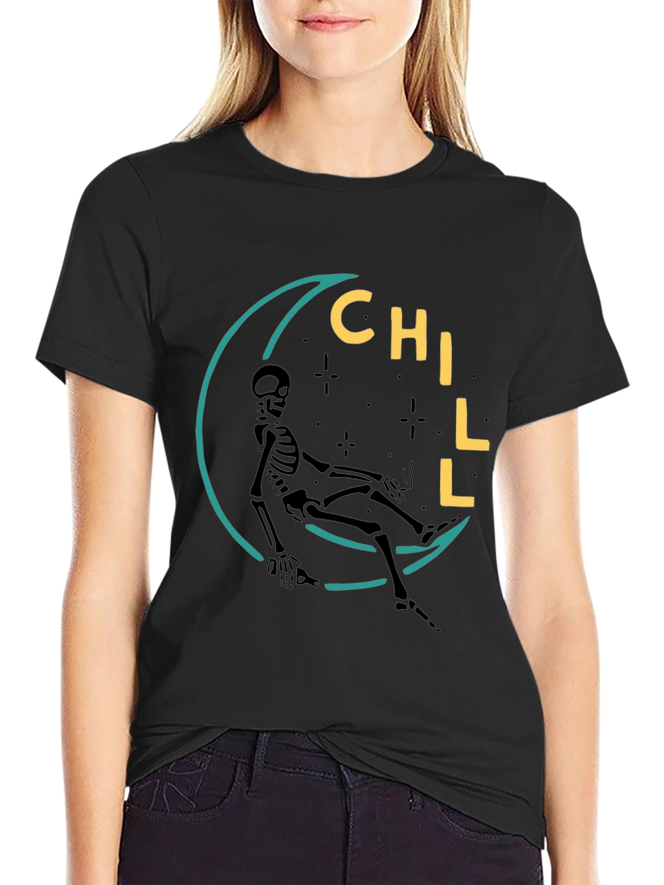 Chill Skeleton Moon Graphic Tee - Relaxed Fit