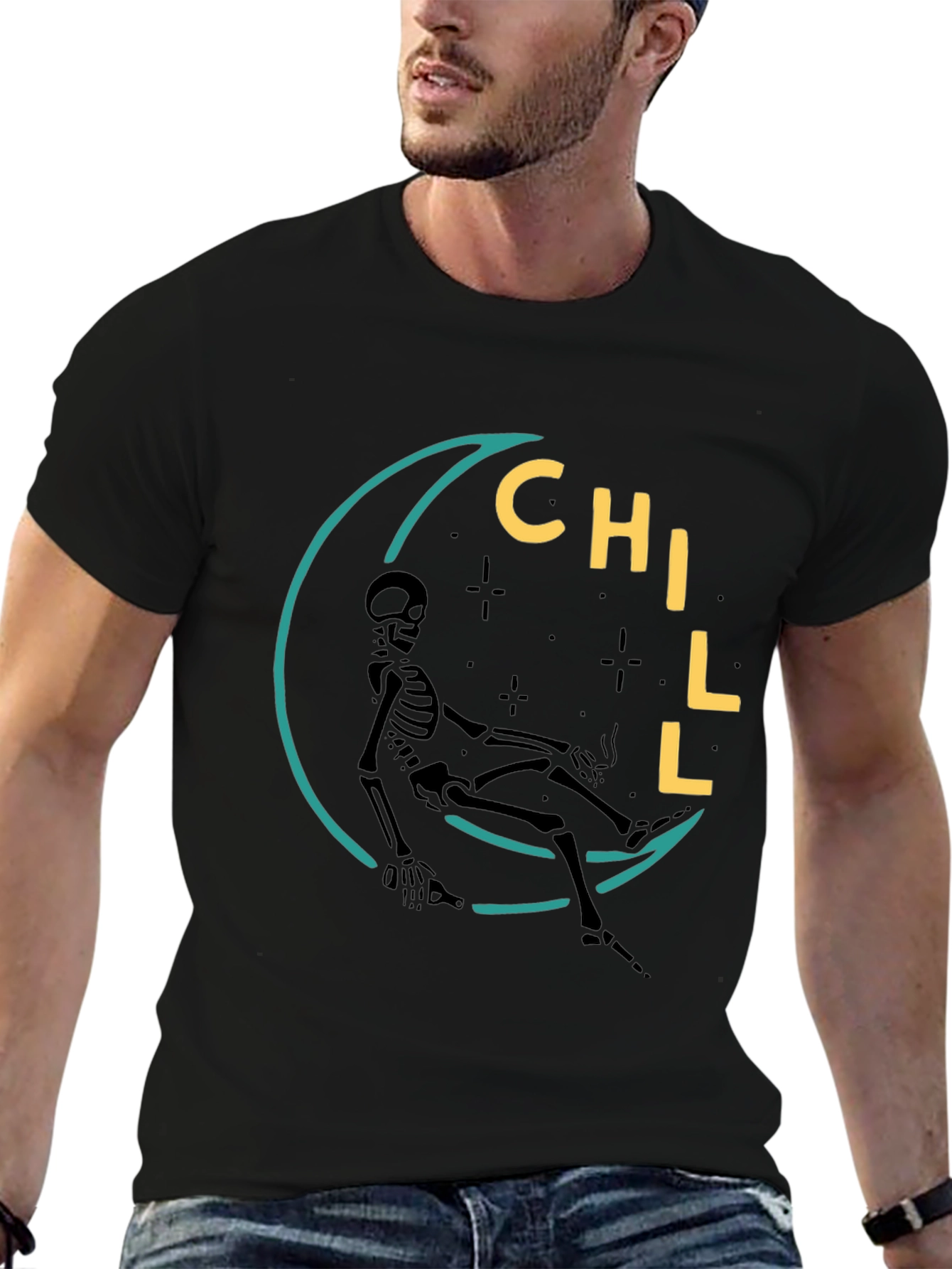 Chill Skeleton Moon Graphic Tee - Relaxed Fit