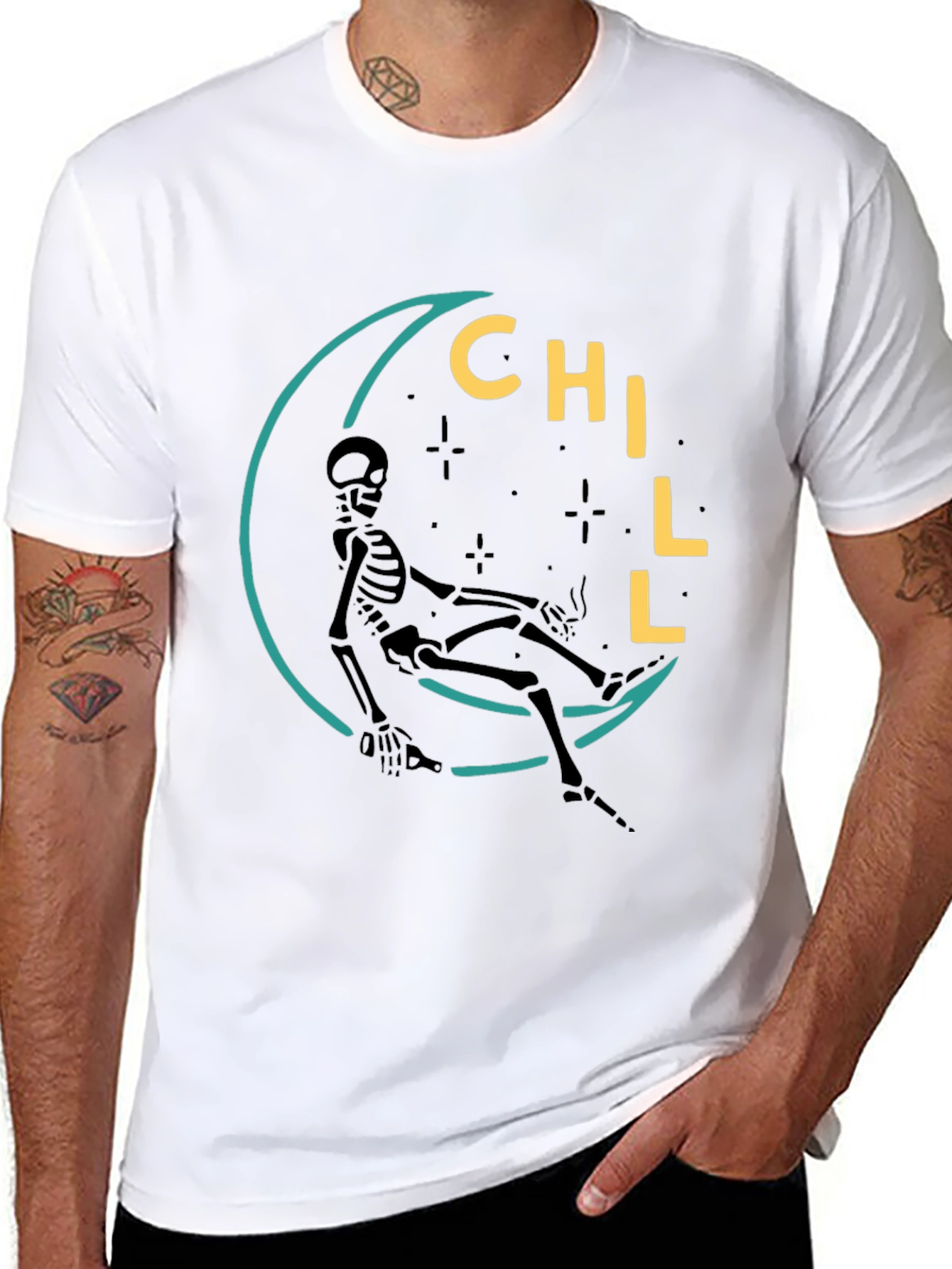 Chill Skeleton Moon Graphic Tee - Relaxed Fit