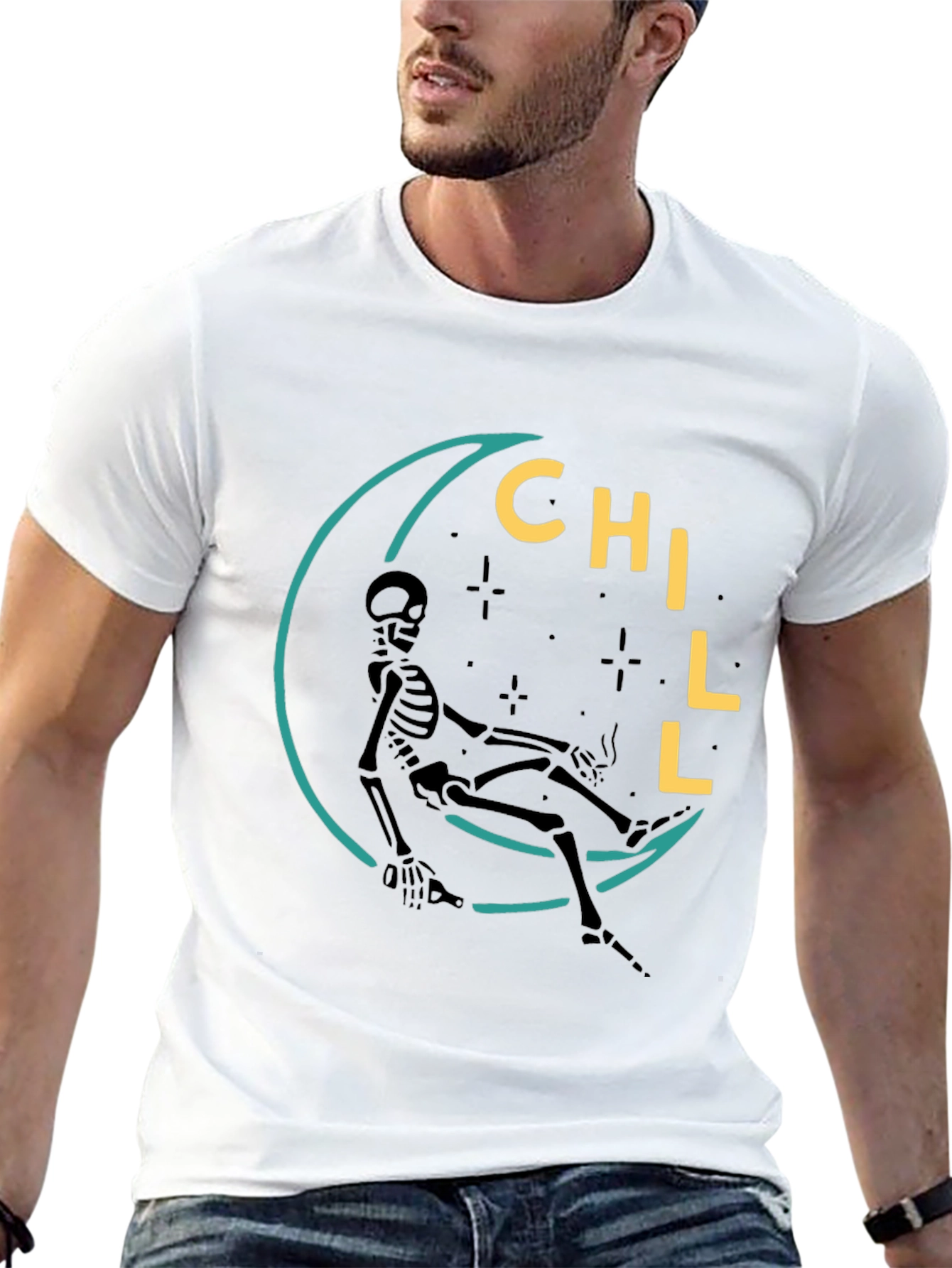 Chill Skeleton Moon Graphic Tee - Relaxed Fit