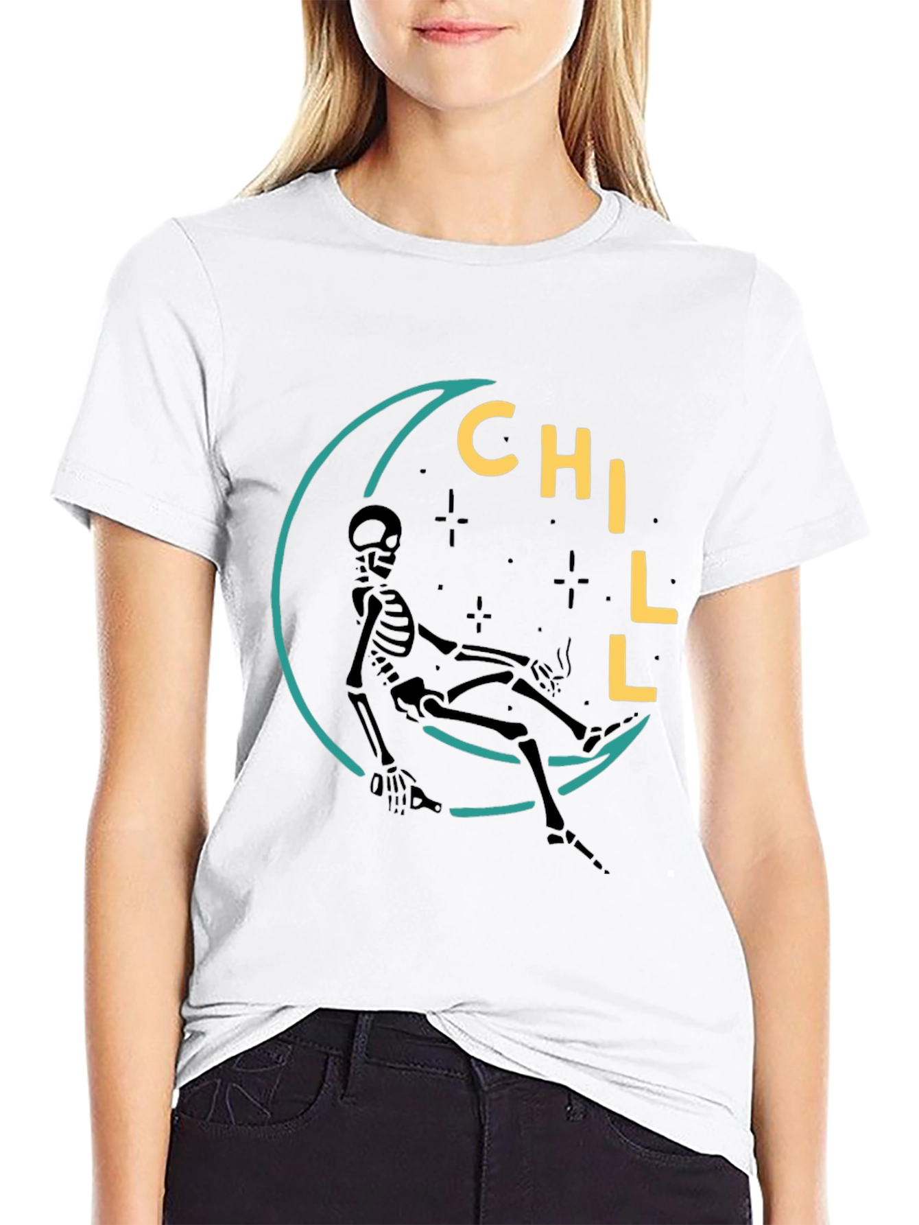 Chill Skeleton Moon Graphic Tee - Relaxed Fit