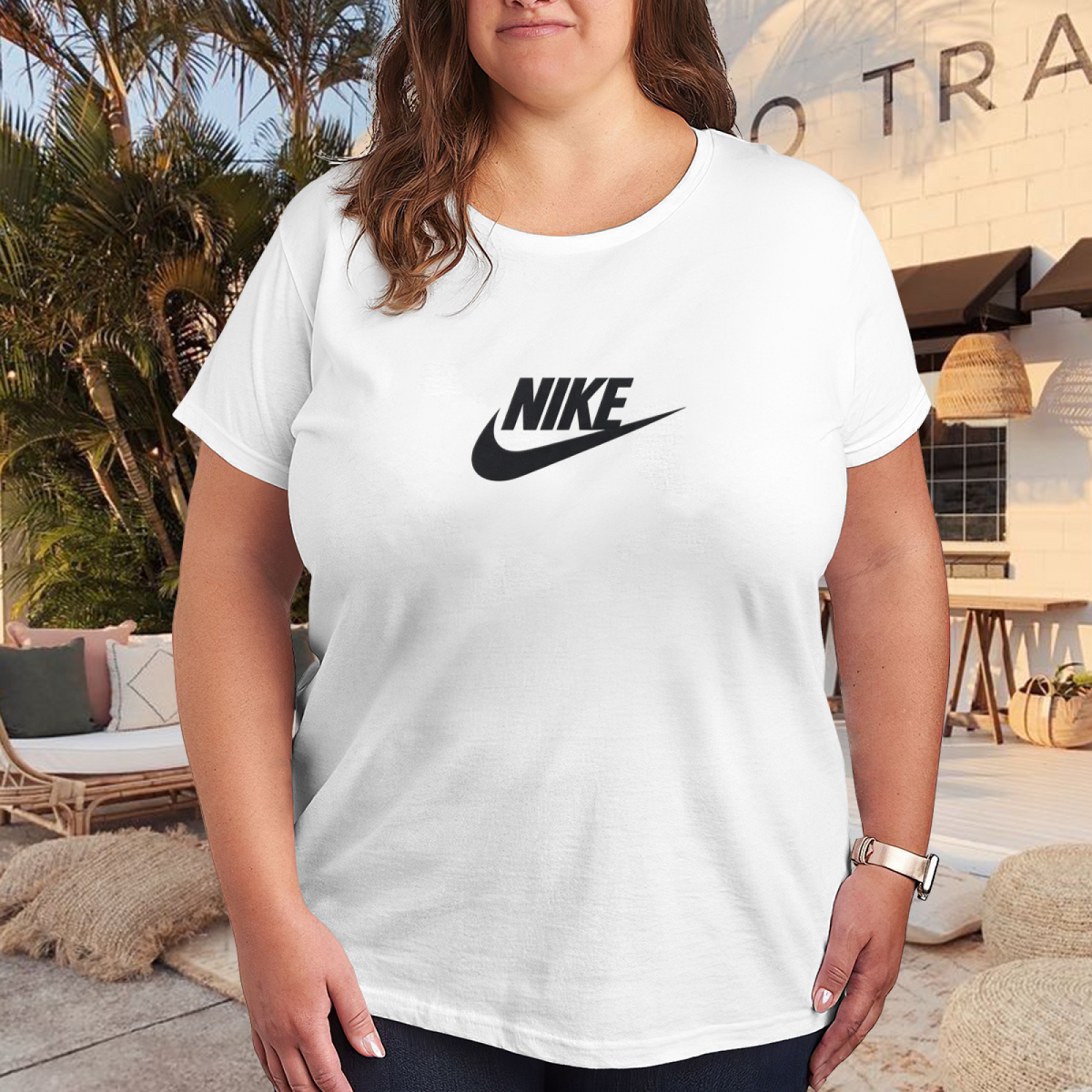 Plus Size Women Classic Nike Logo Street?Style Short Sleeve T?Shirt
