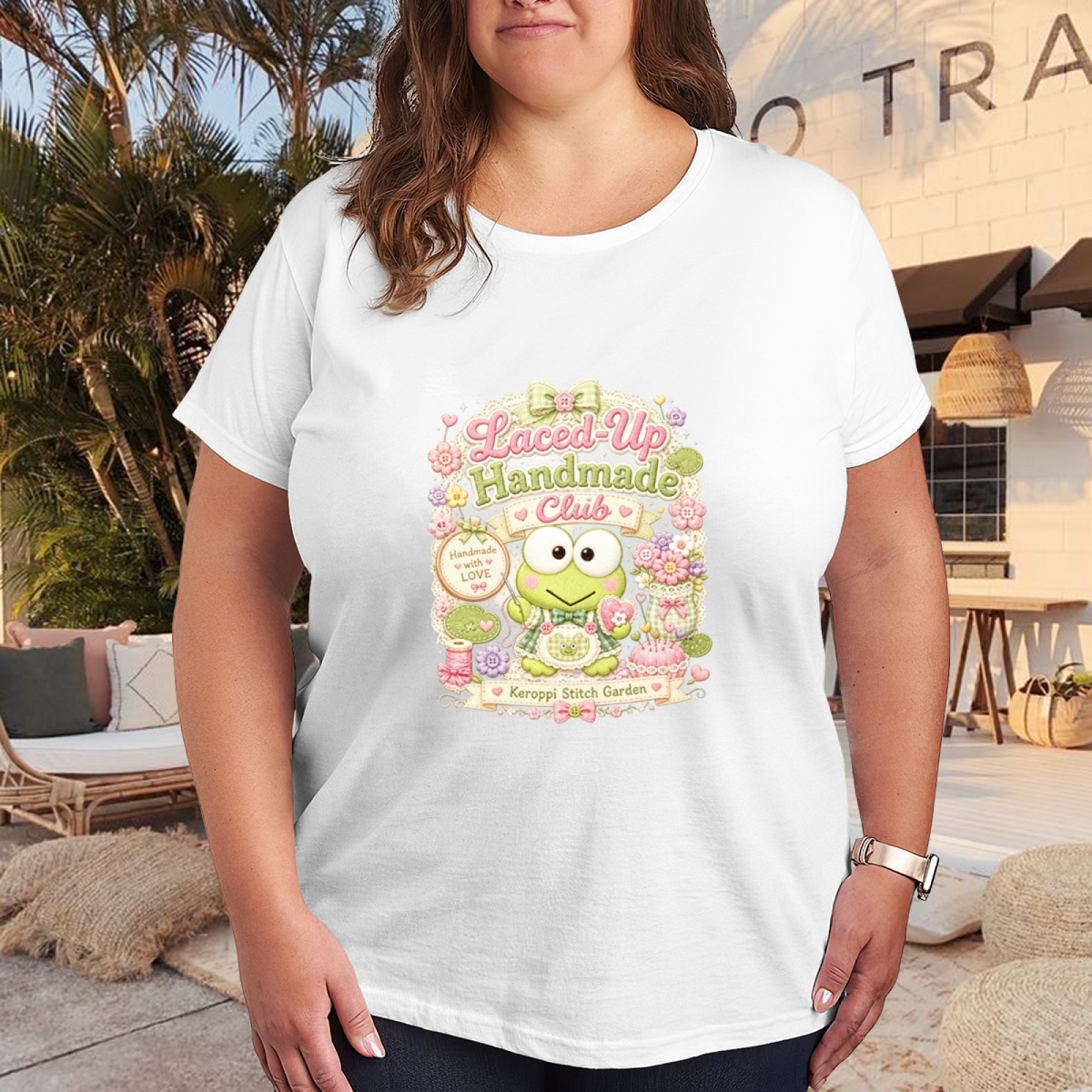 Keroppi Laced?Up Handmade Club Cute Graphic Plus Size Women Tee