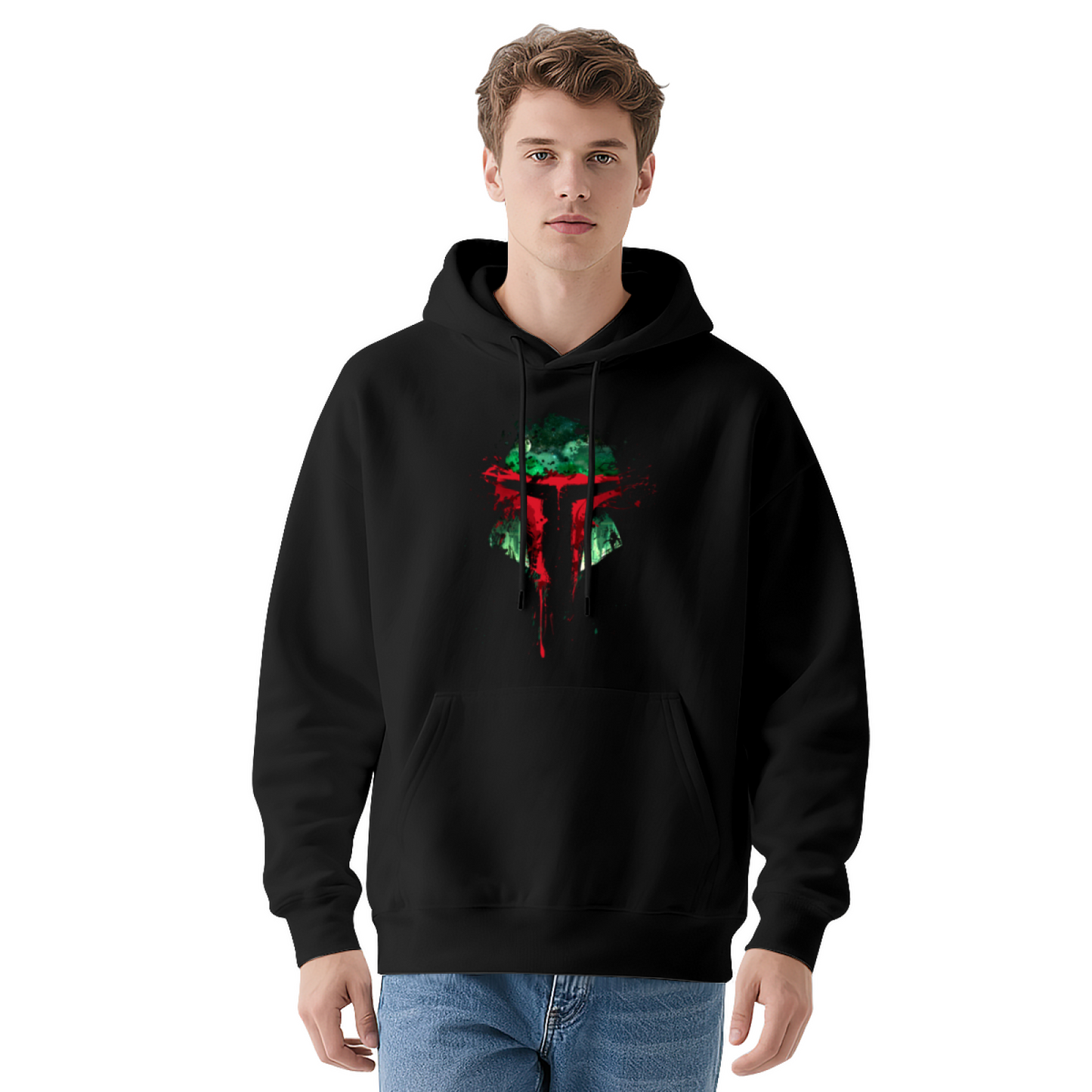 Splash Mandalorian Helmet White Hoodie, Unisex Star Fan Soft Cozy Hoodie