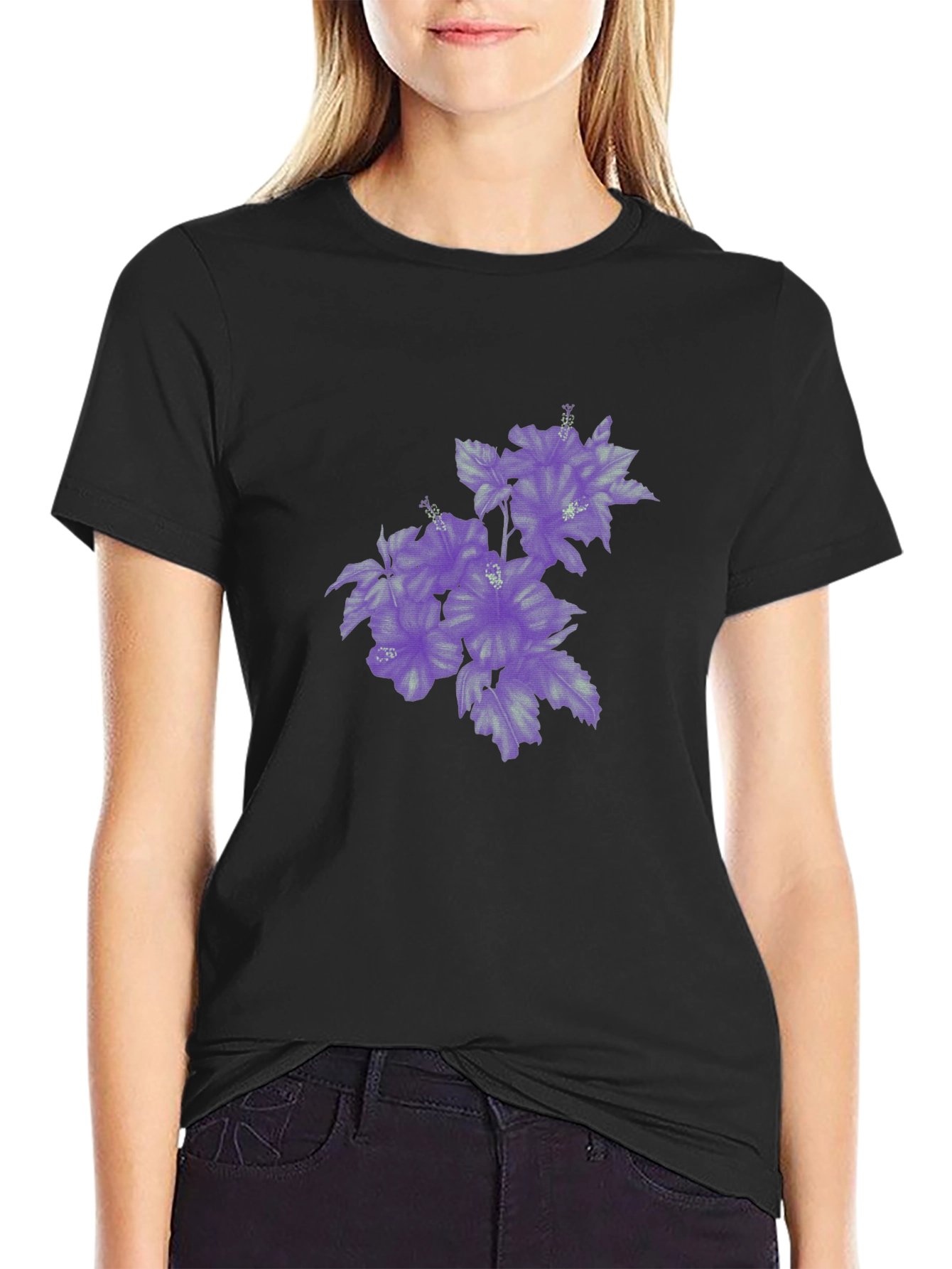 Black T-Shirt with Purple Floral Print