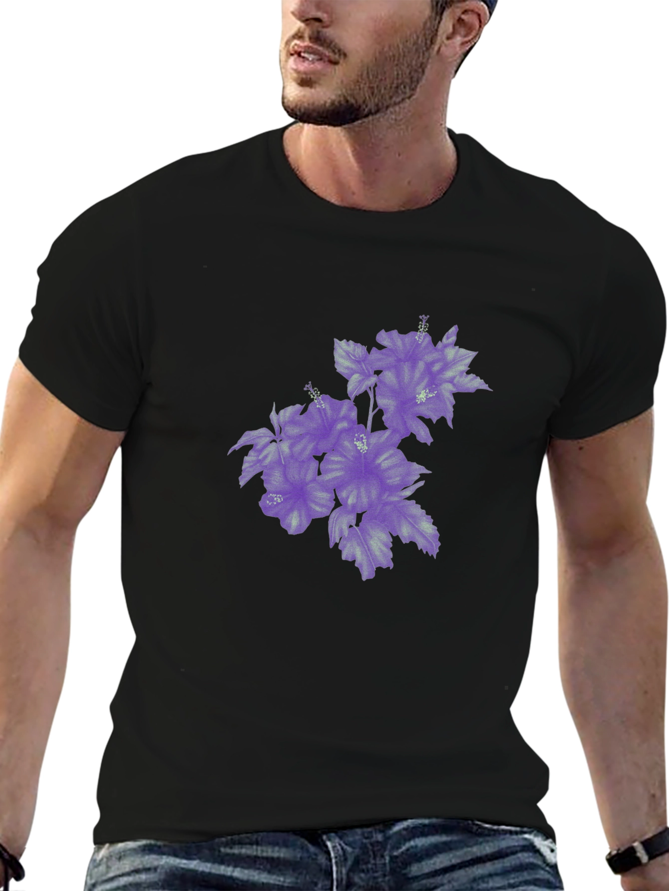 Black T-Shirt with Purple Floral Print
