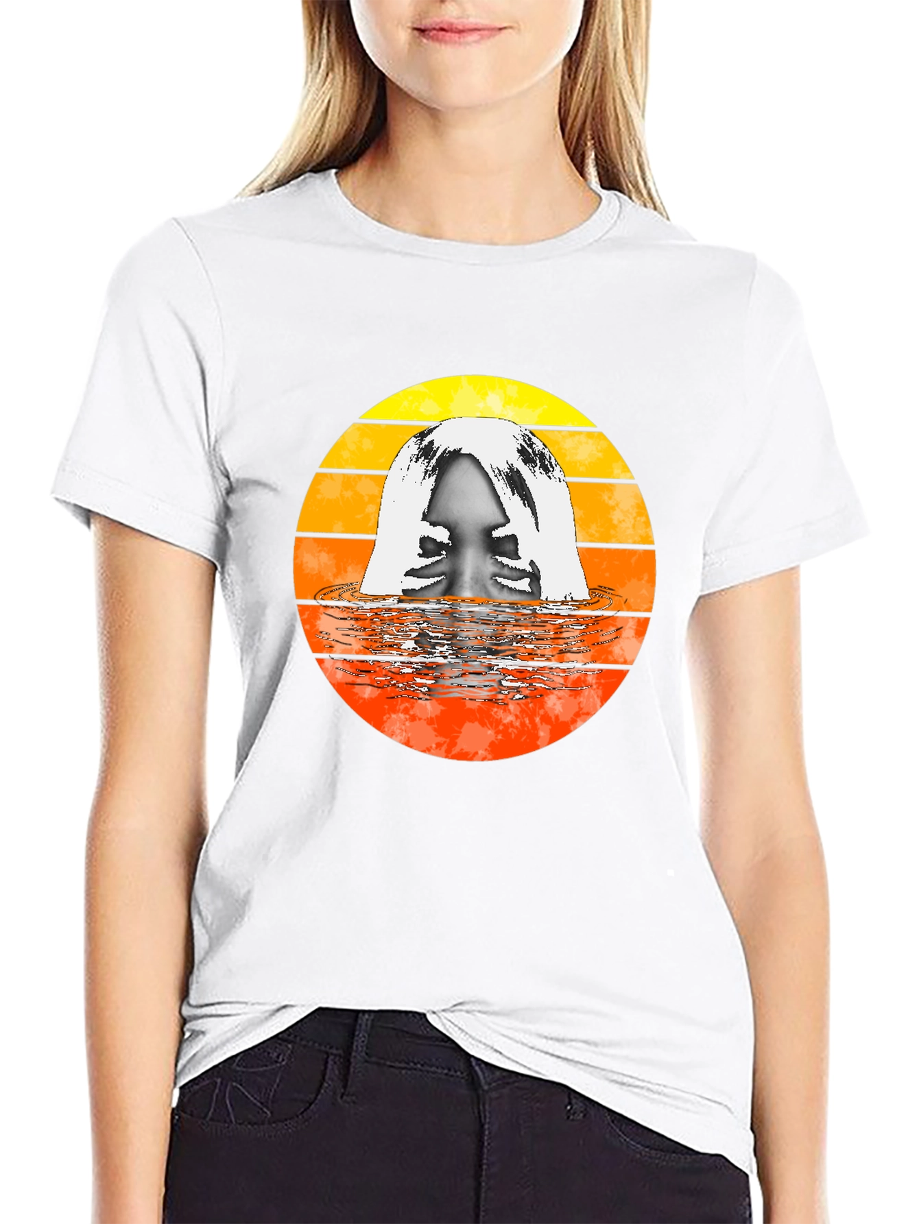 Retro Sunset Woman in Water Graphic T-Shirt