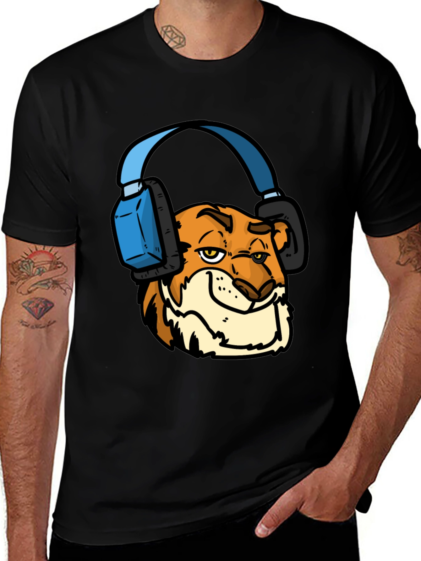 Cool Tiger Headphone Tee - Mens Black T-Shirt