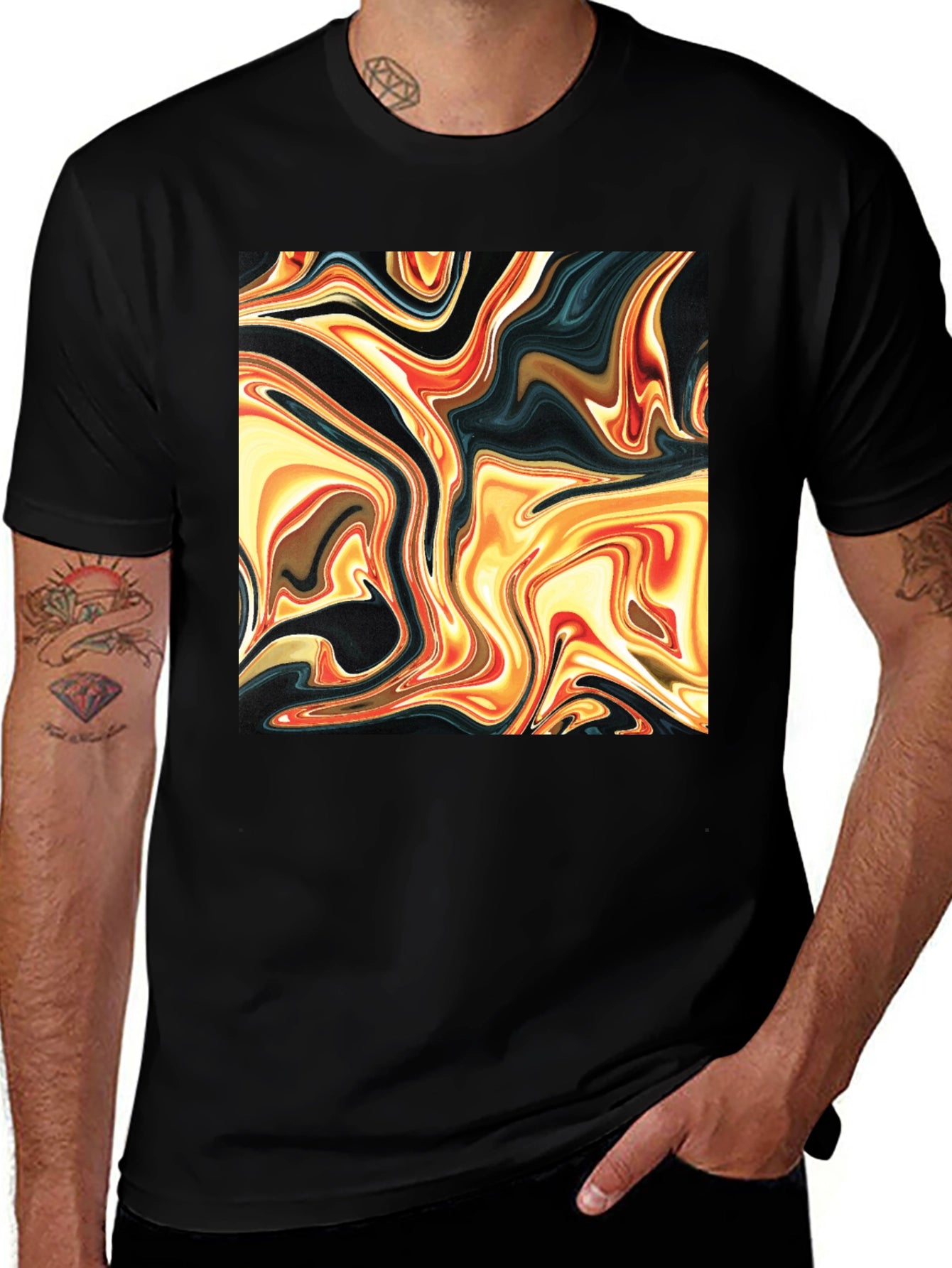 Abstract Swirl Print Black T-Shirt