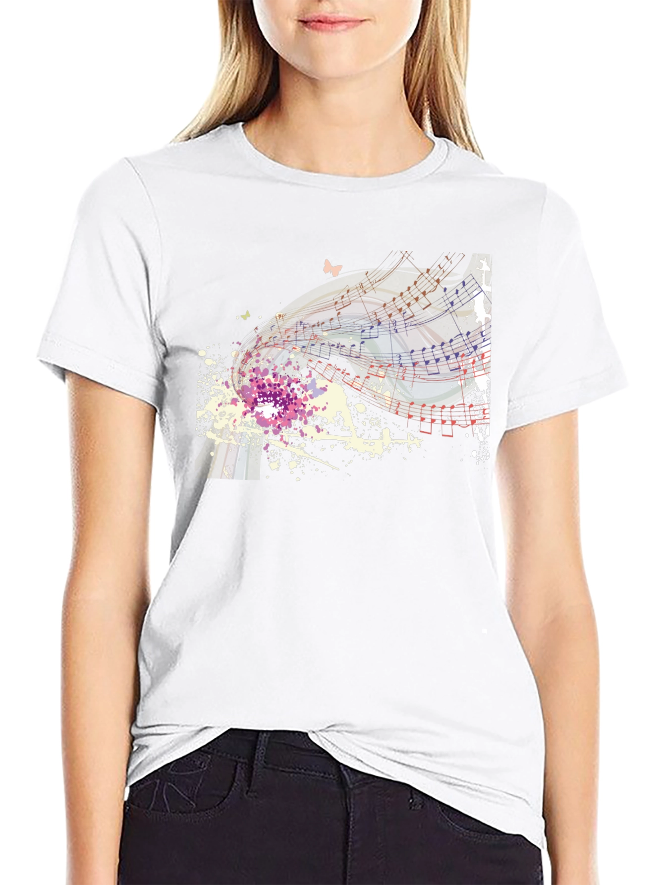 Musical Notes Butterfly Graphic Black T-Shirt