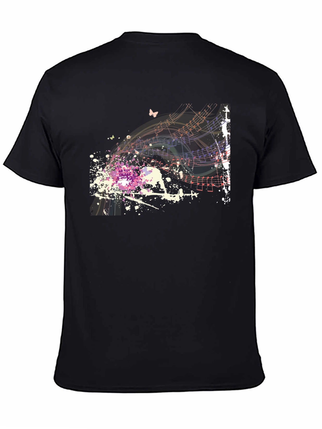 Musical Notes Butterfly Graphic Black T-Shirt
