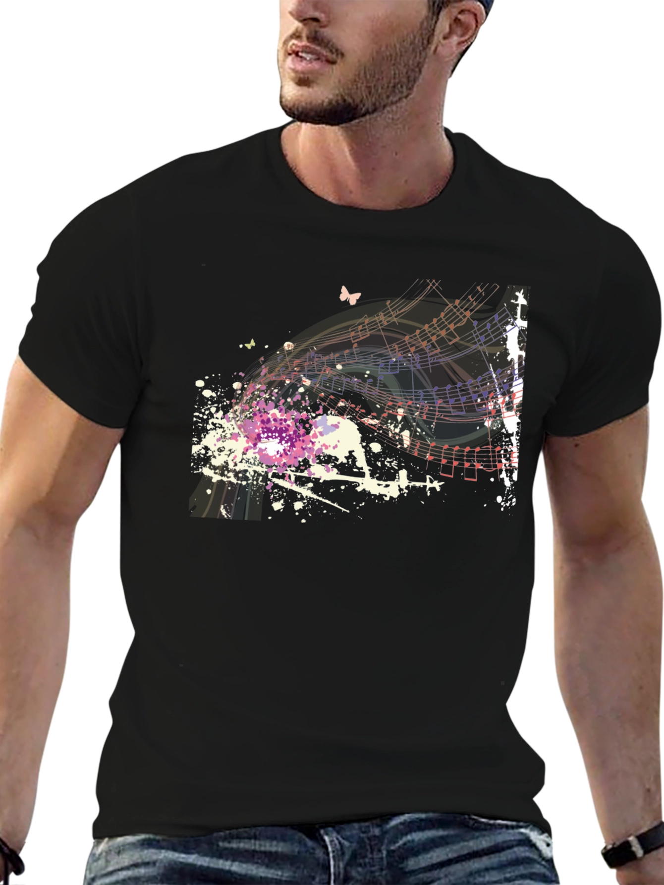 Musical Notes Butterfly Graphic Black T-Shirt