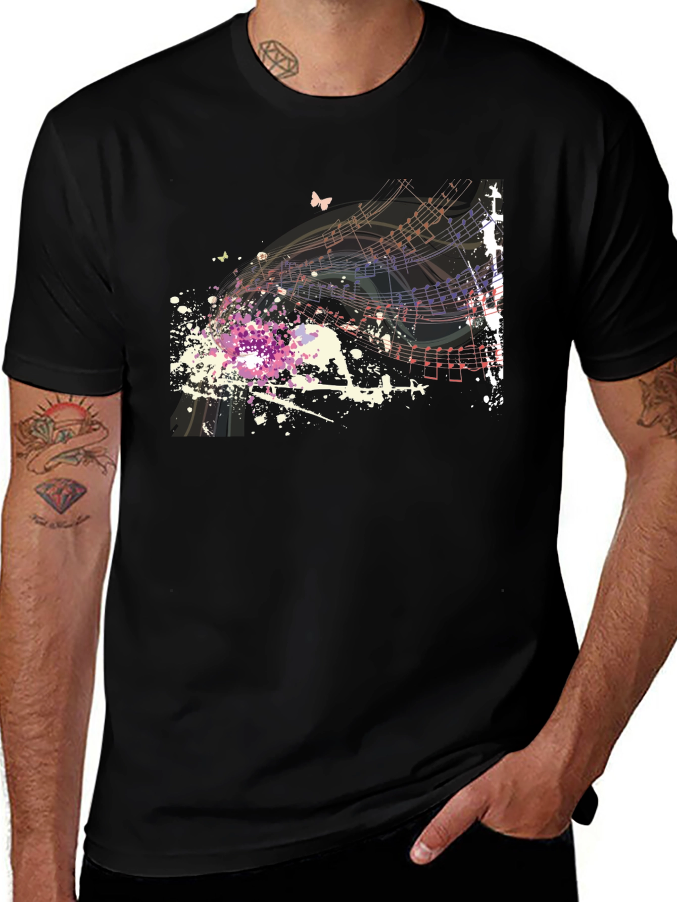 Musical Notes Butterfly Graphic Black T-Shirt