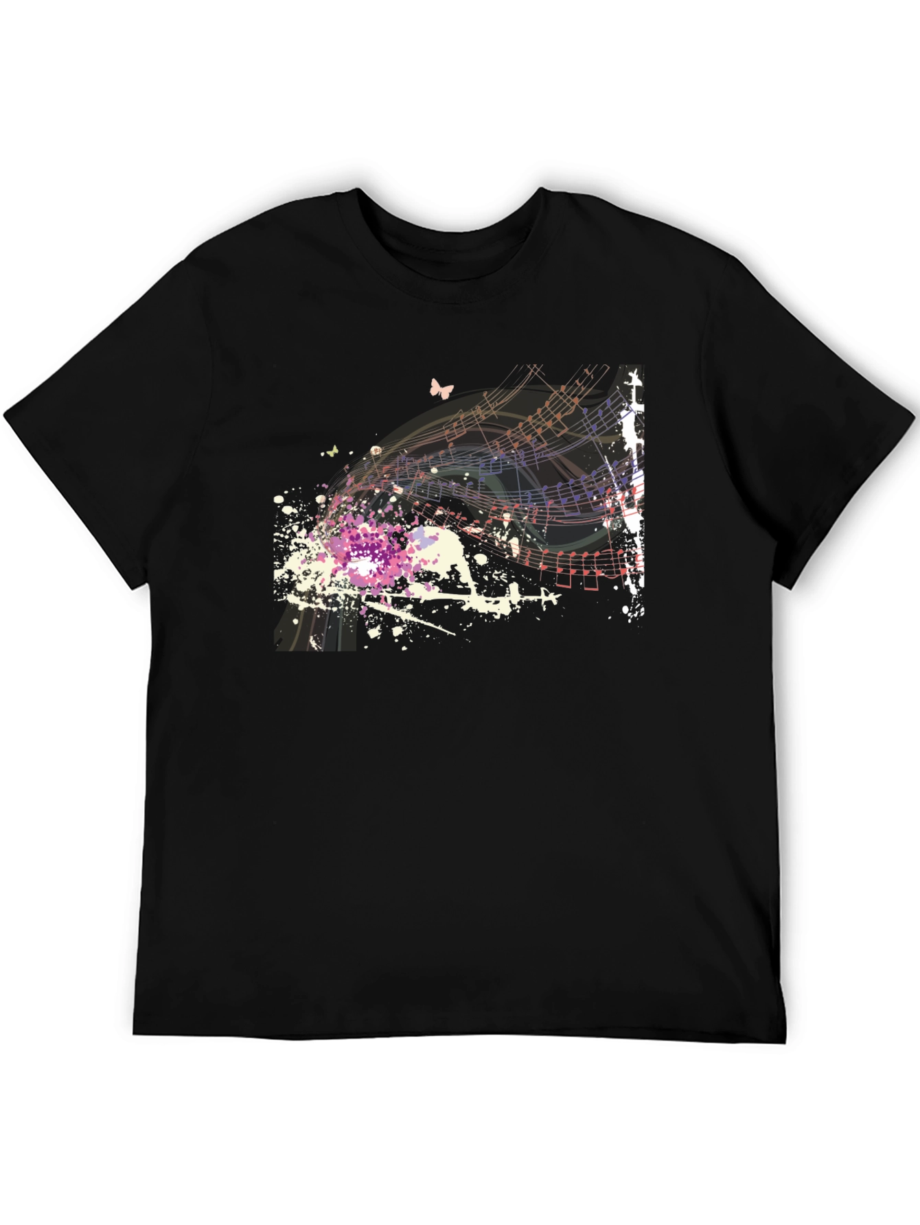 Musical Notes Butterfly Graphic Black T-Shirt