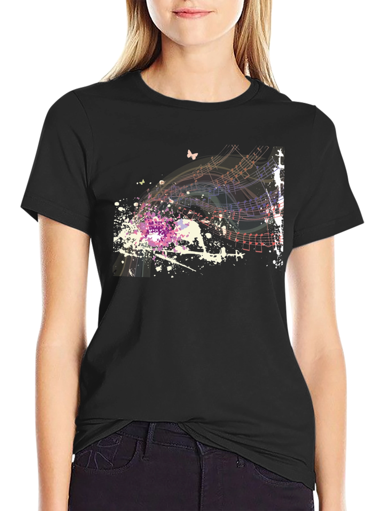 Musical Notes Butterfly Graphic Black T-Shirt
