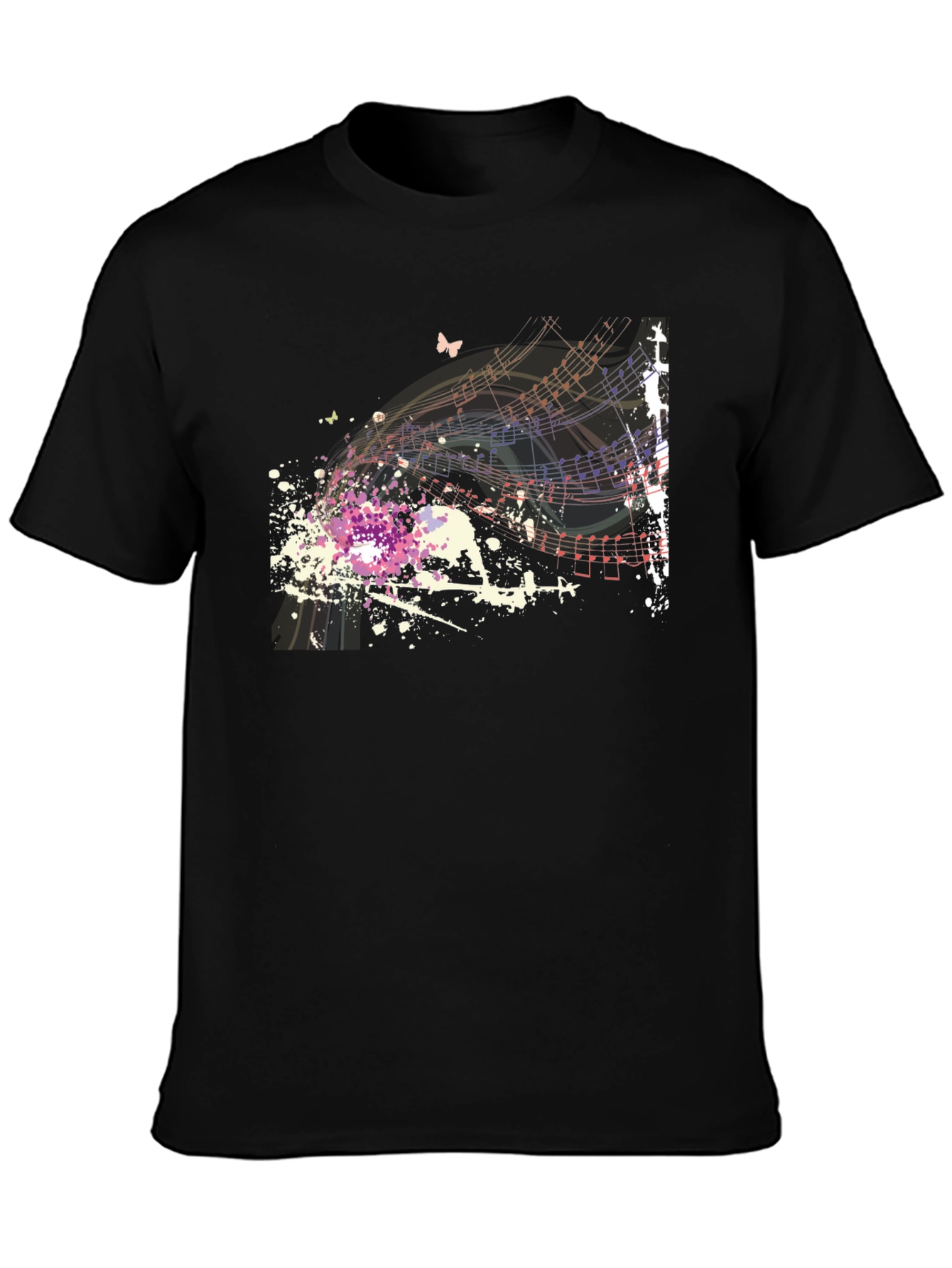 Musical Notes Butterfly Graphic Black T-Shirt
