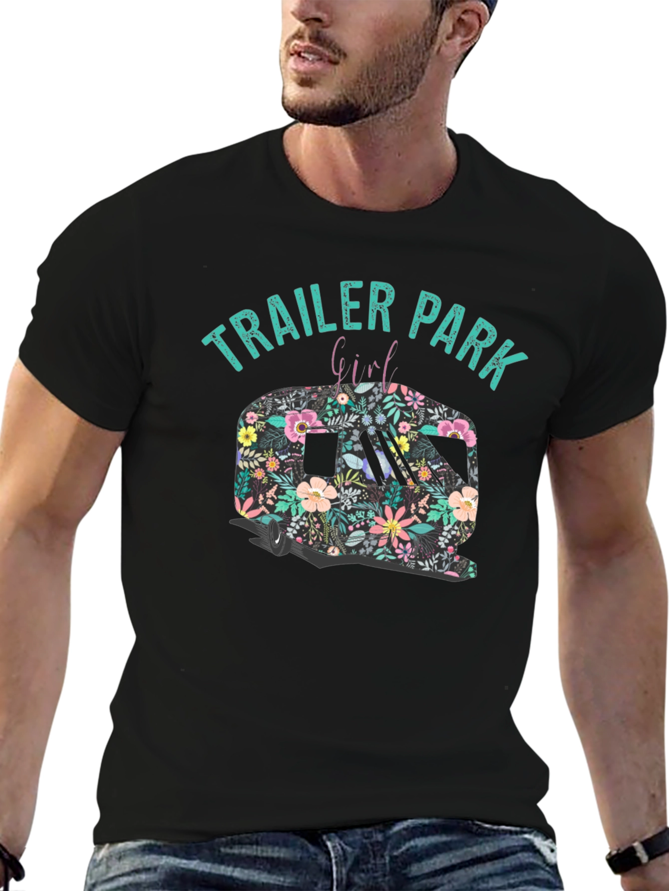 Trailer Park Girl Floral Camper Black T-Shirt