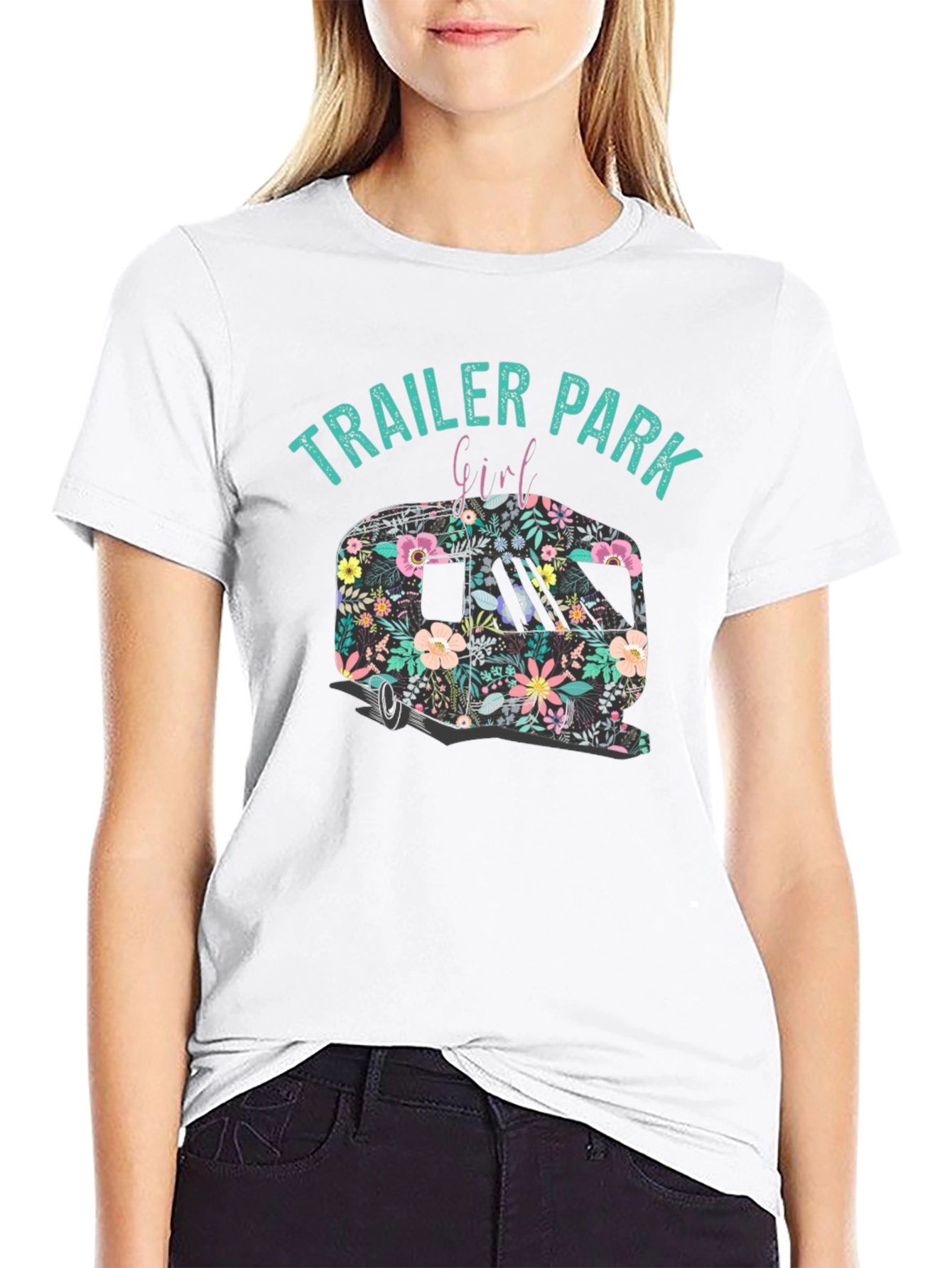 Trailer Park Girl Floral Camper Black T-Shirt
