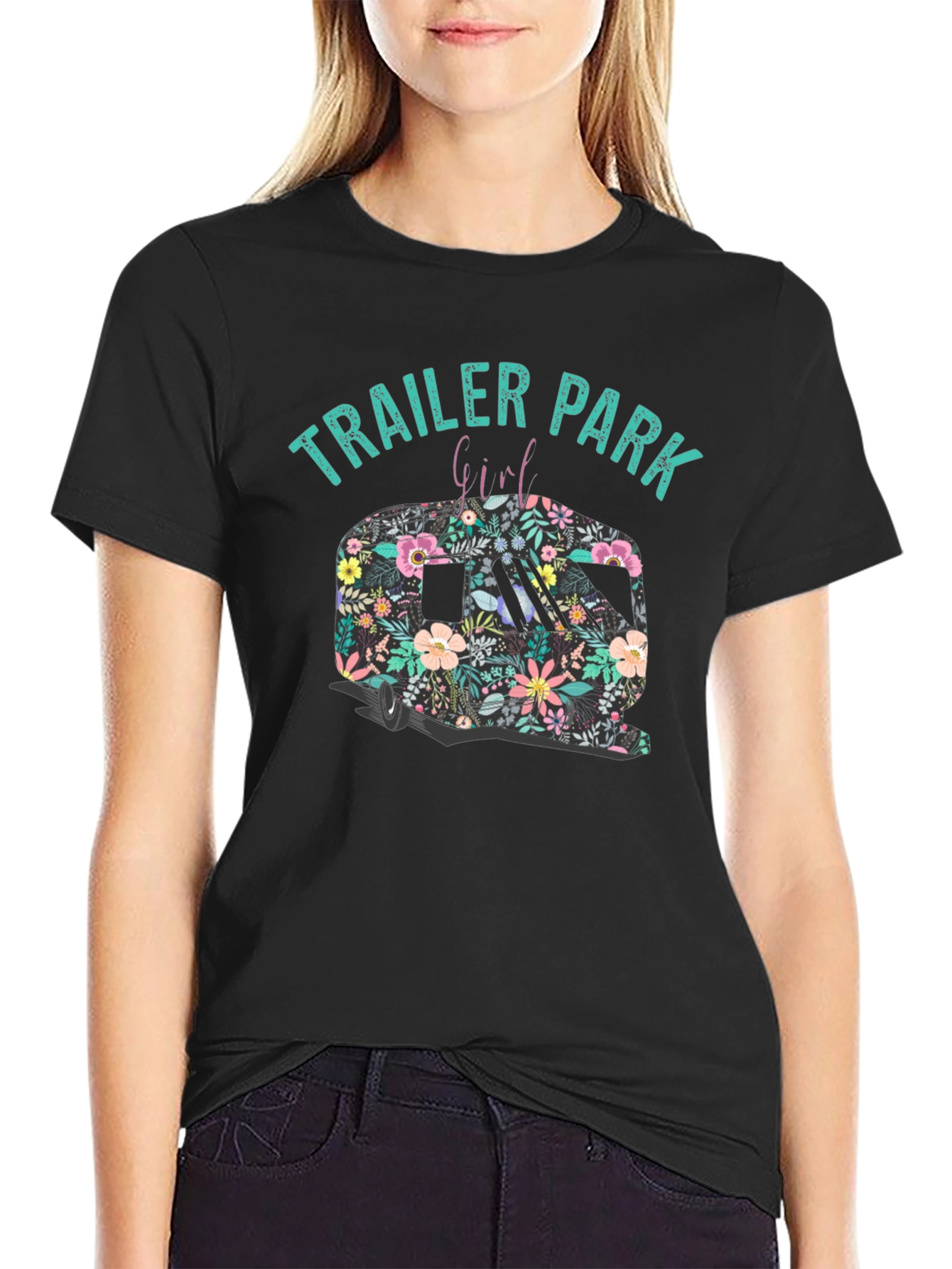 Trailer Park Girl Floral Camper Black T-Shirt