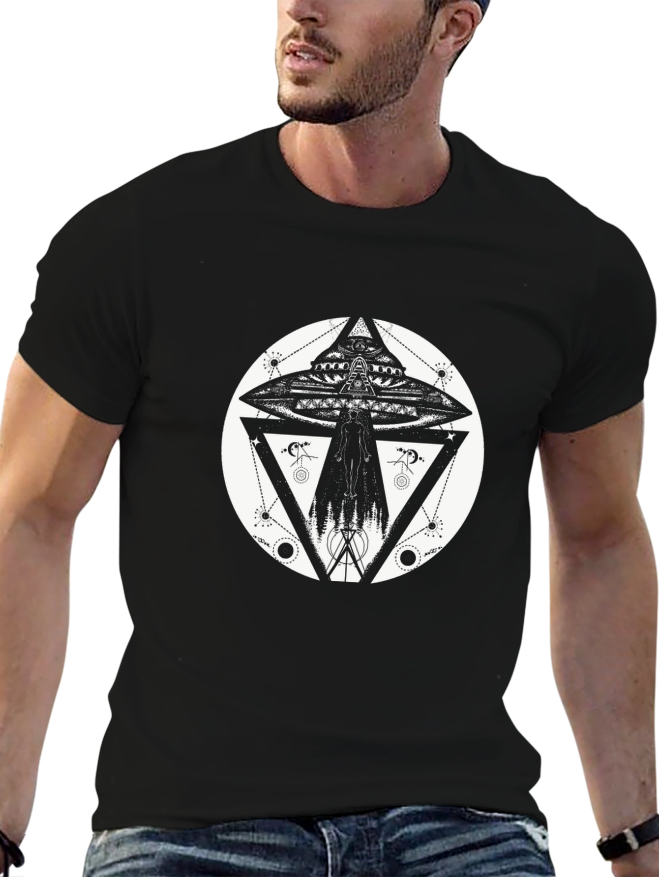 UFO Geometric Print Black T-Shirt