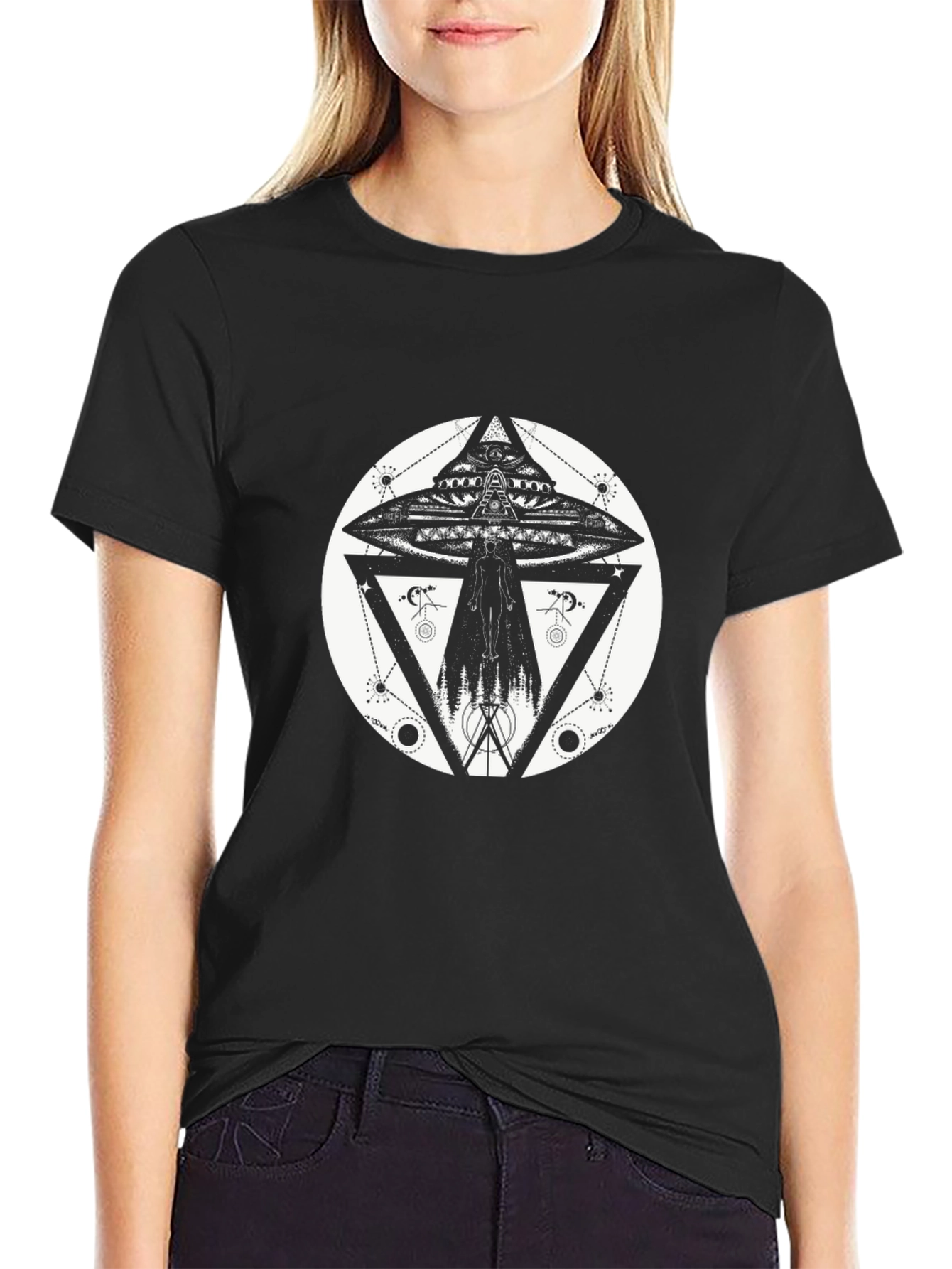 UFO Geometric Print Black T-Shirt
