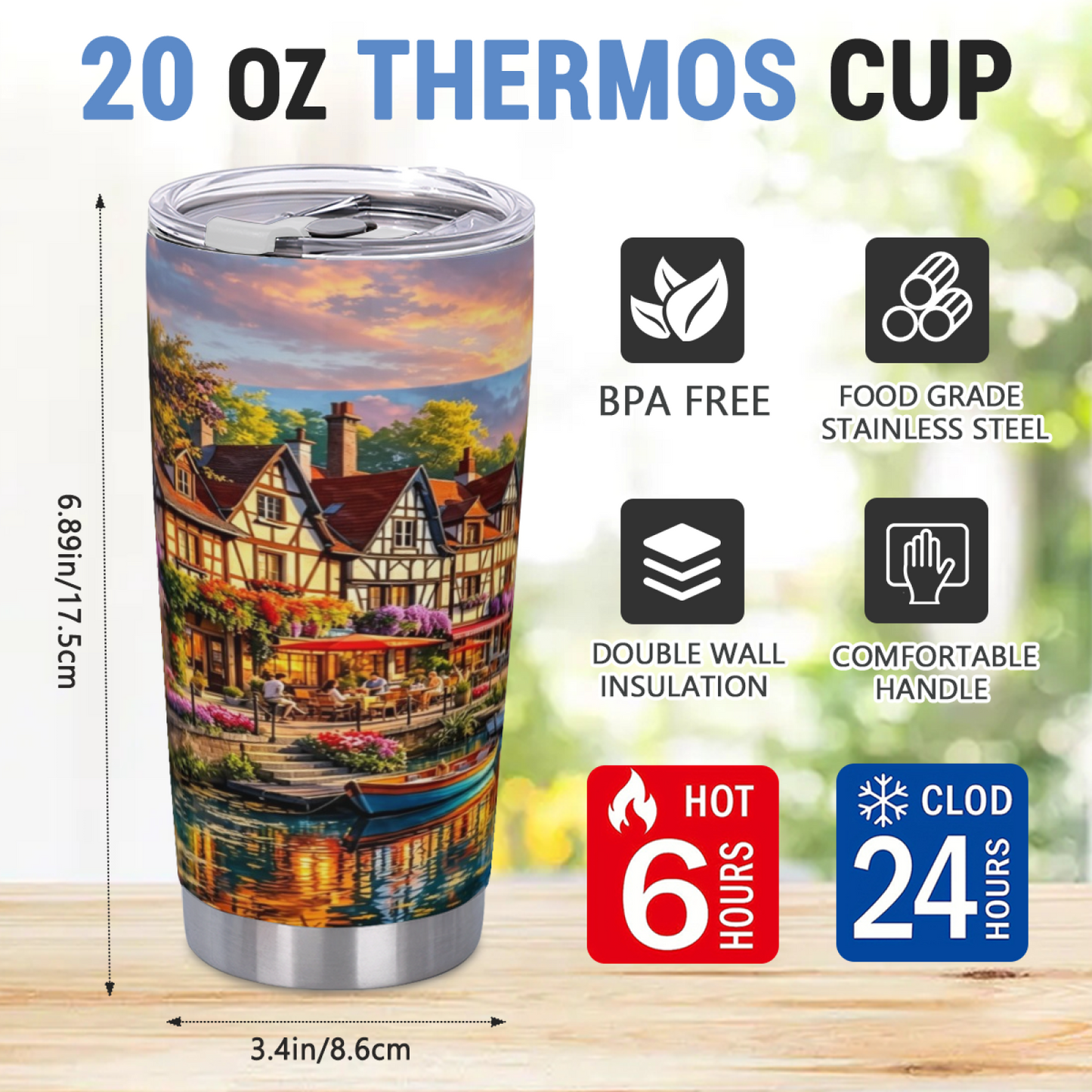 Golden Hour Half-Timber Riverside Village 20oz Travel Cup