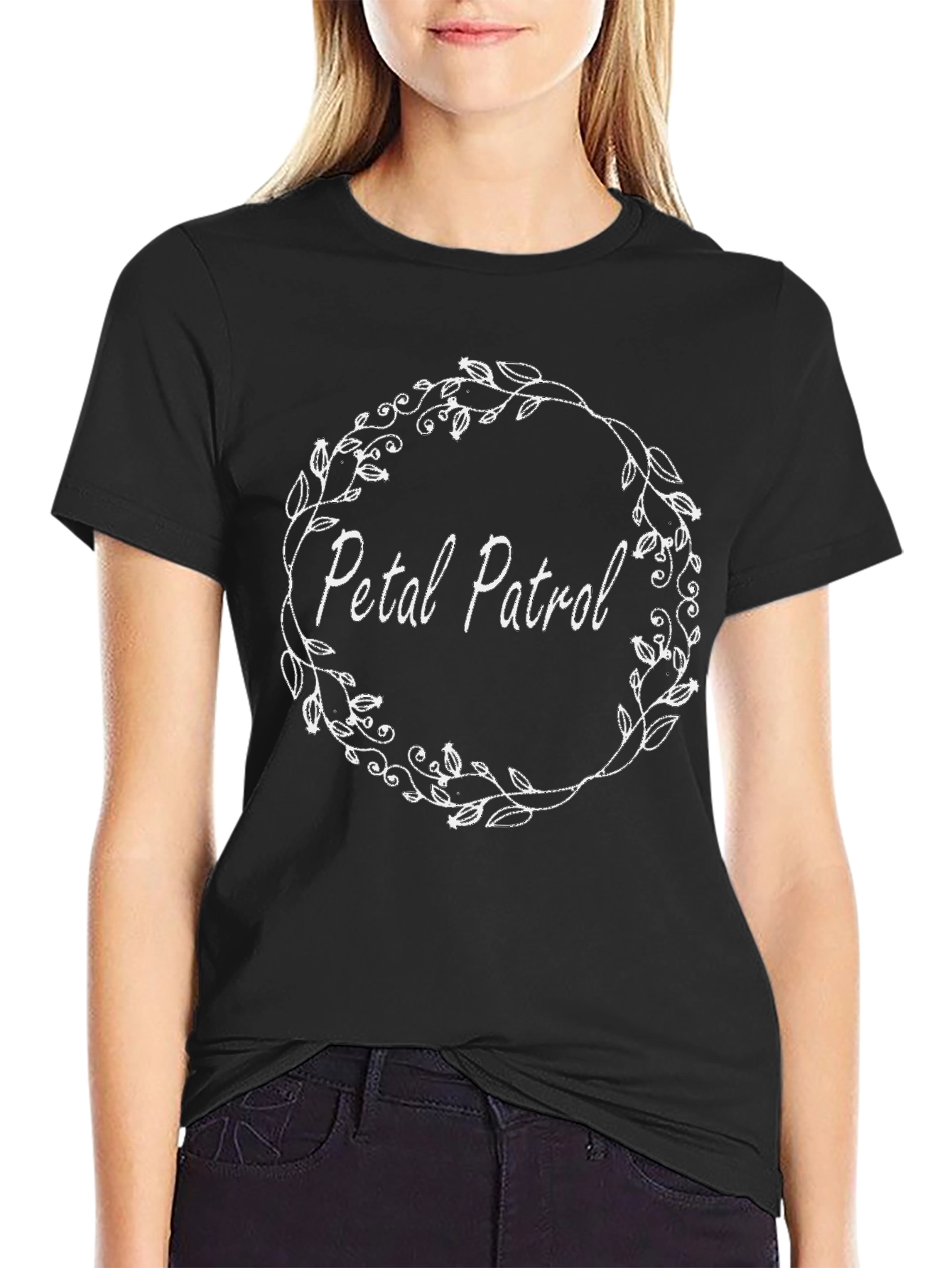 Petal Patrol Floral Wreath Black T-Shirt