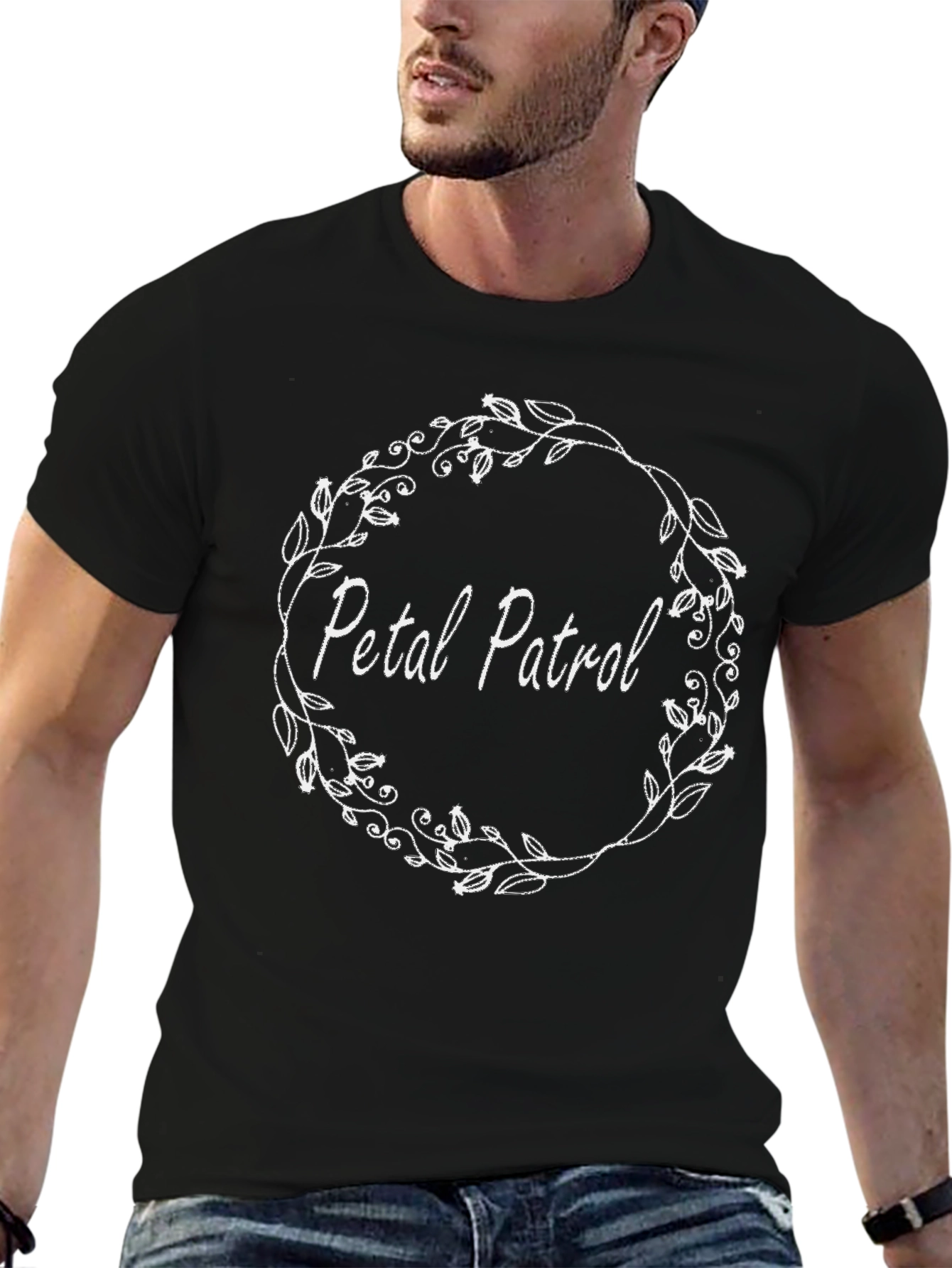 Petal Patrol Floral Wreath Black T-Shirt