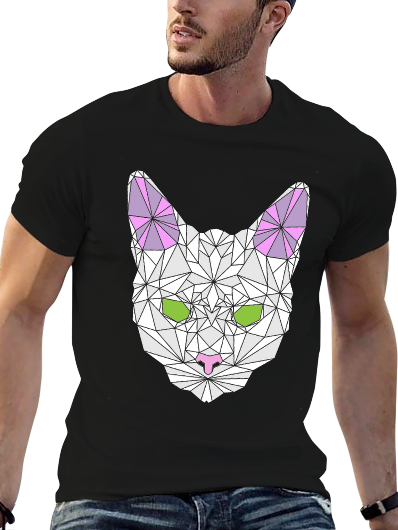 Geometric Cat Graphic Tee - Modern Style
