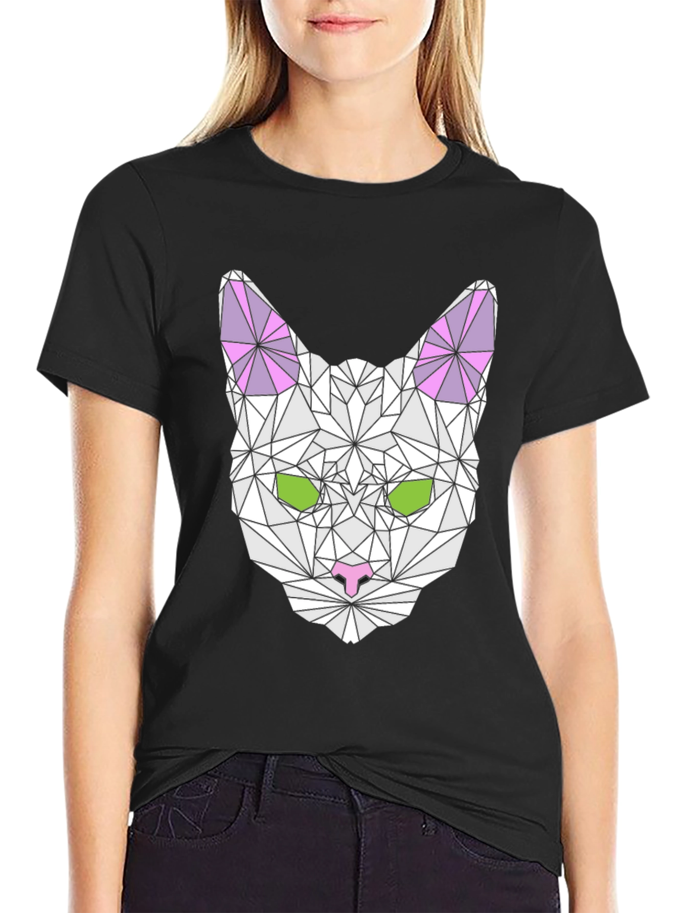Geometric Cat Graphic Tee - Modern Style