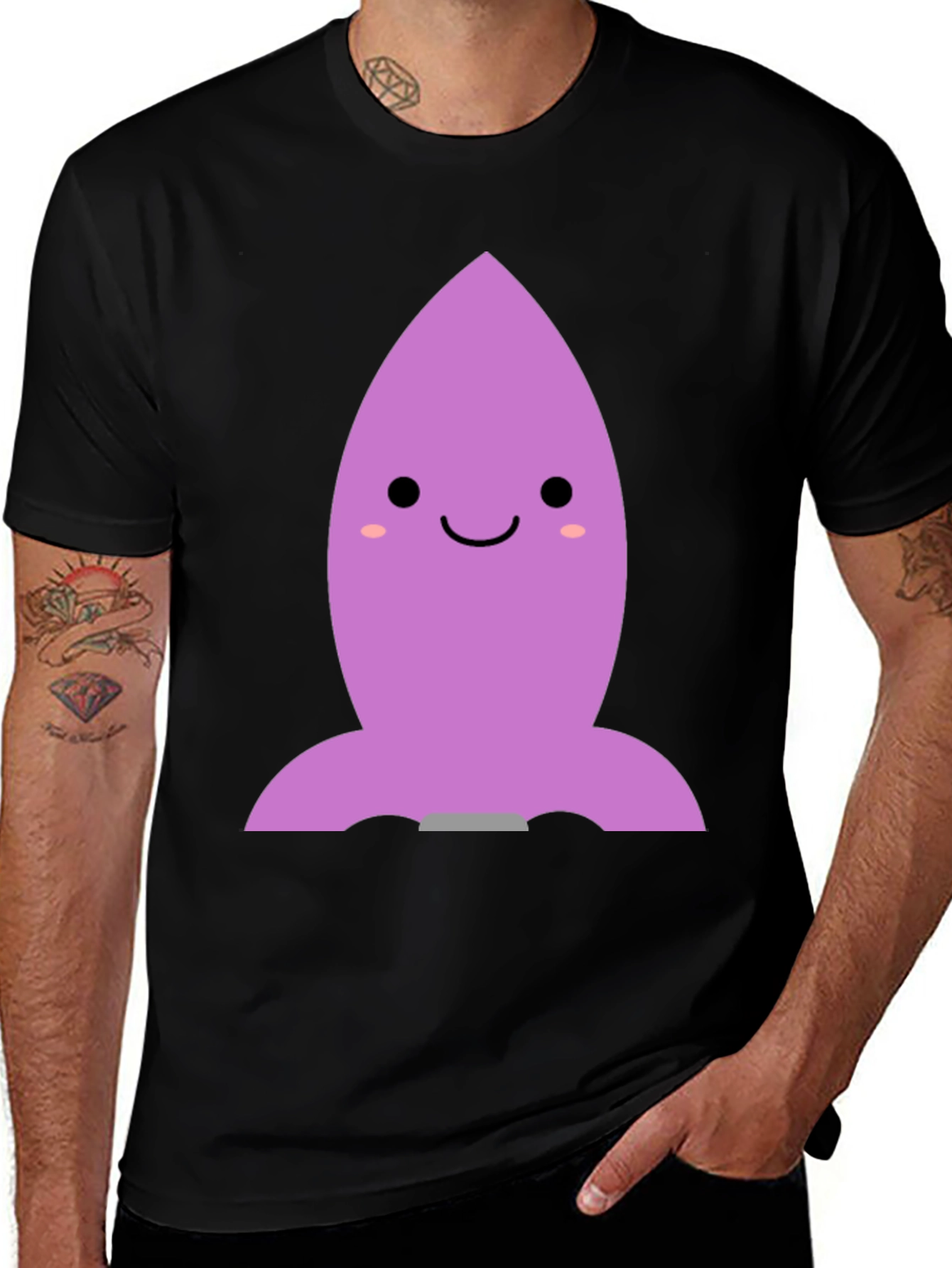 Cute Cartoon Rocket T-Shirt - Black Cotton Blend