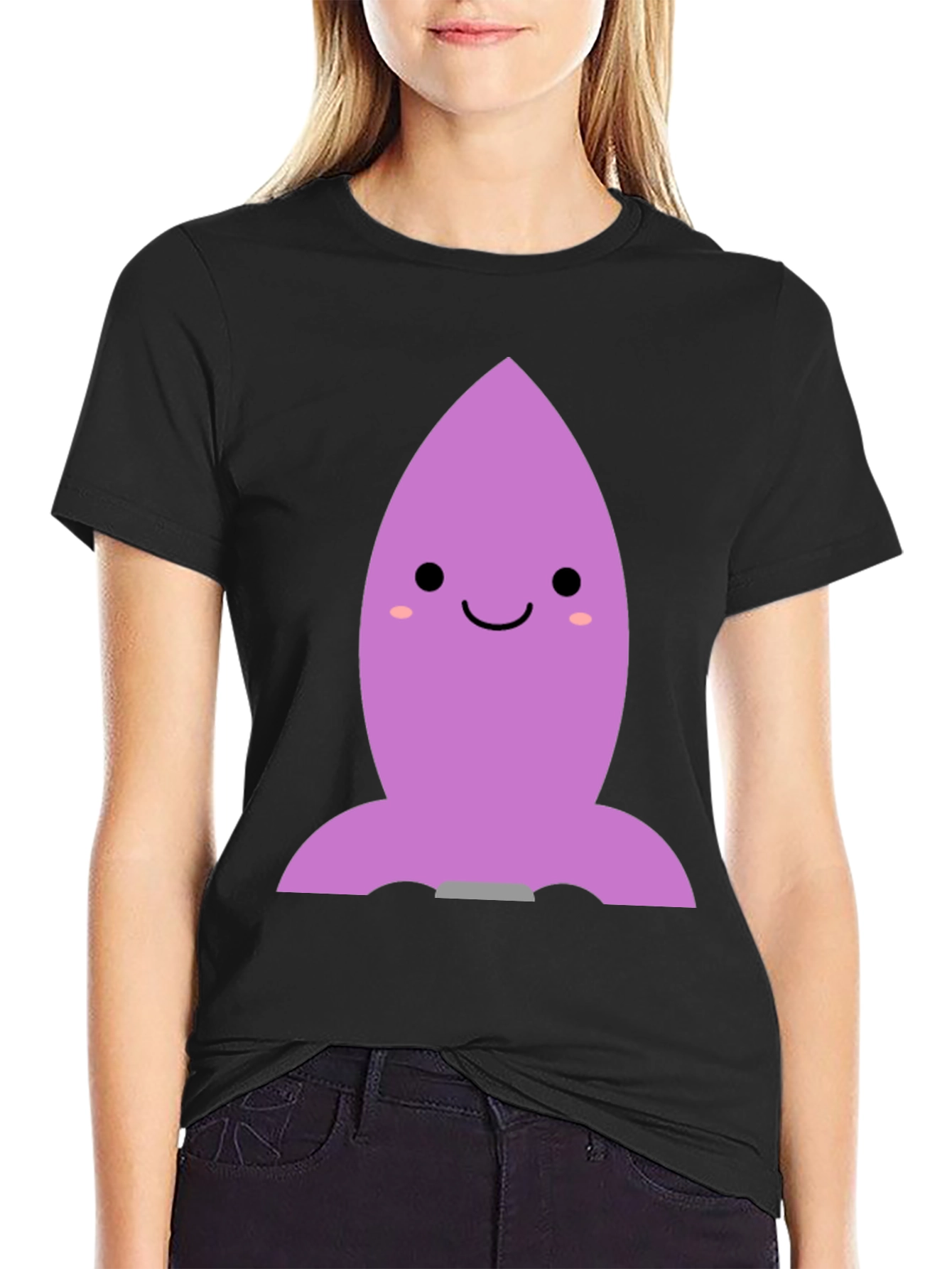 Cute Cartoon Rocket T-Shirt - Black Cotton Blend